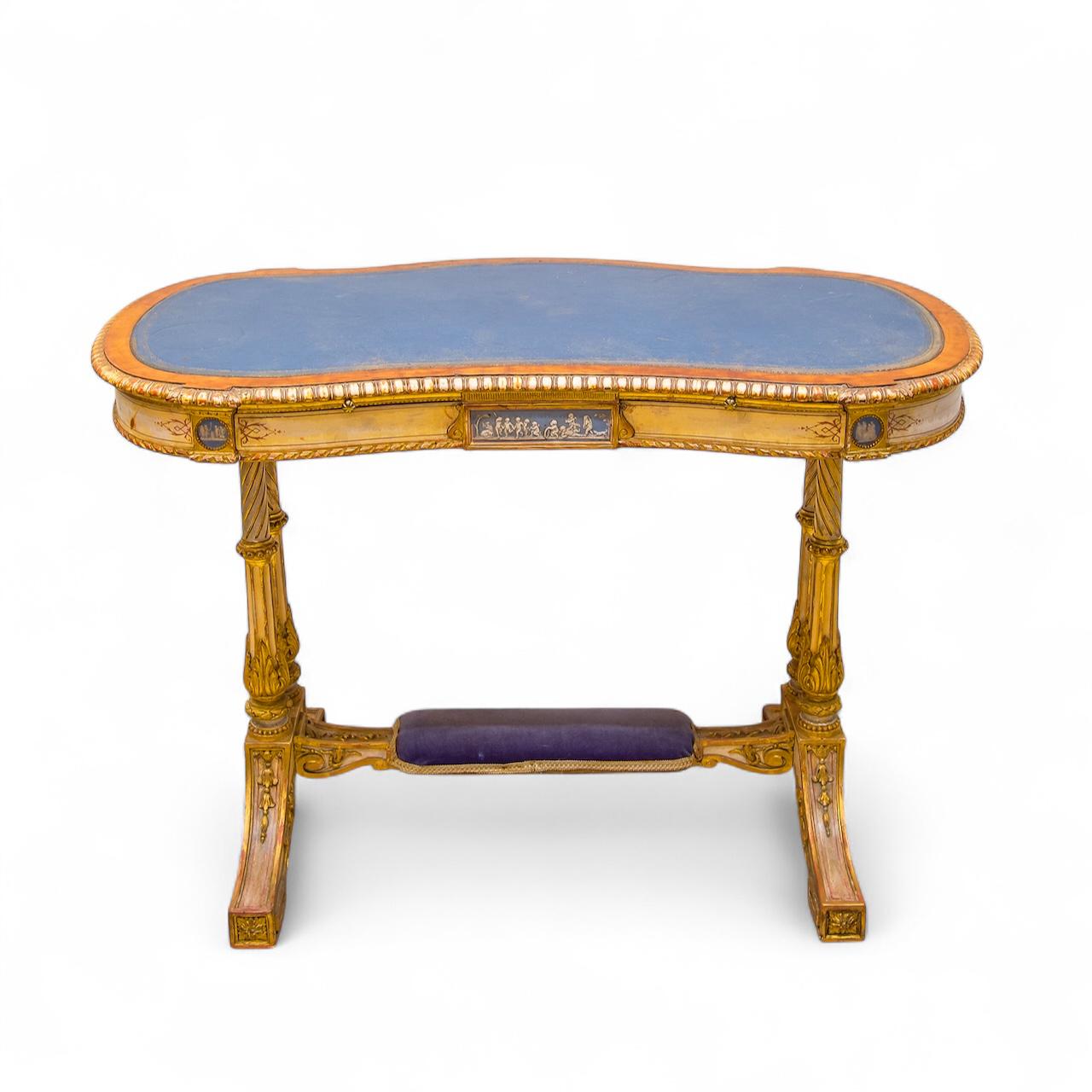 Exceptional 19th Century Kidney-shaped Writing Table with Original Painting, Giltwood & Wedgwood Cherub Plaques (1 of 10) Exceptional 19th Century Kidney-shaped Writing Table with Original Painting, Giltwood & Wedgwood Cherub Plaques (1 of 10)