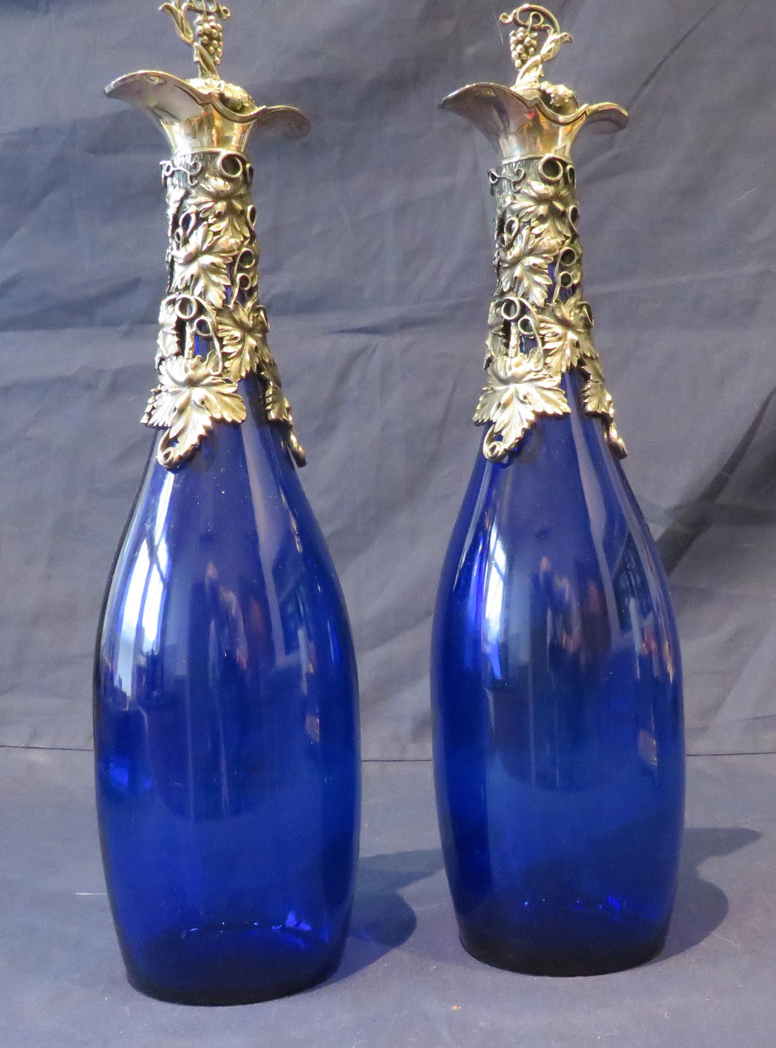 Pair of Bristol Blue Decanters Pewter Mounts (1 of 4)