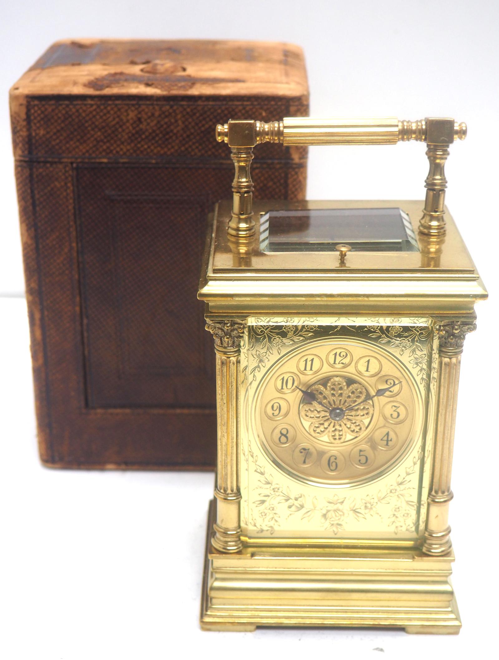 Marvellous French 8-day Repeat Carriage Clock – Large Model Etched Decoration – Original Leather Case (1 of 15)