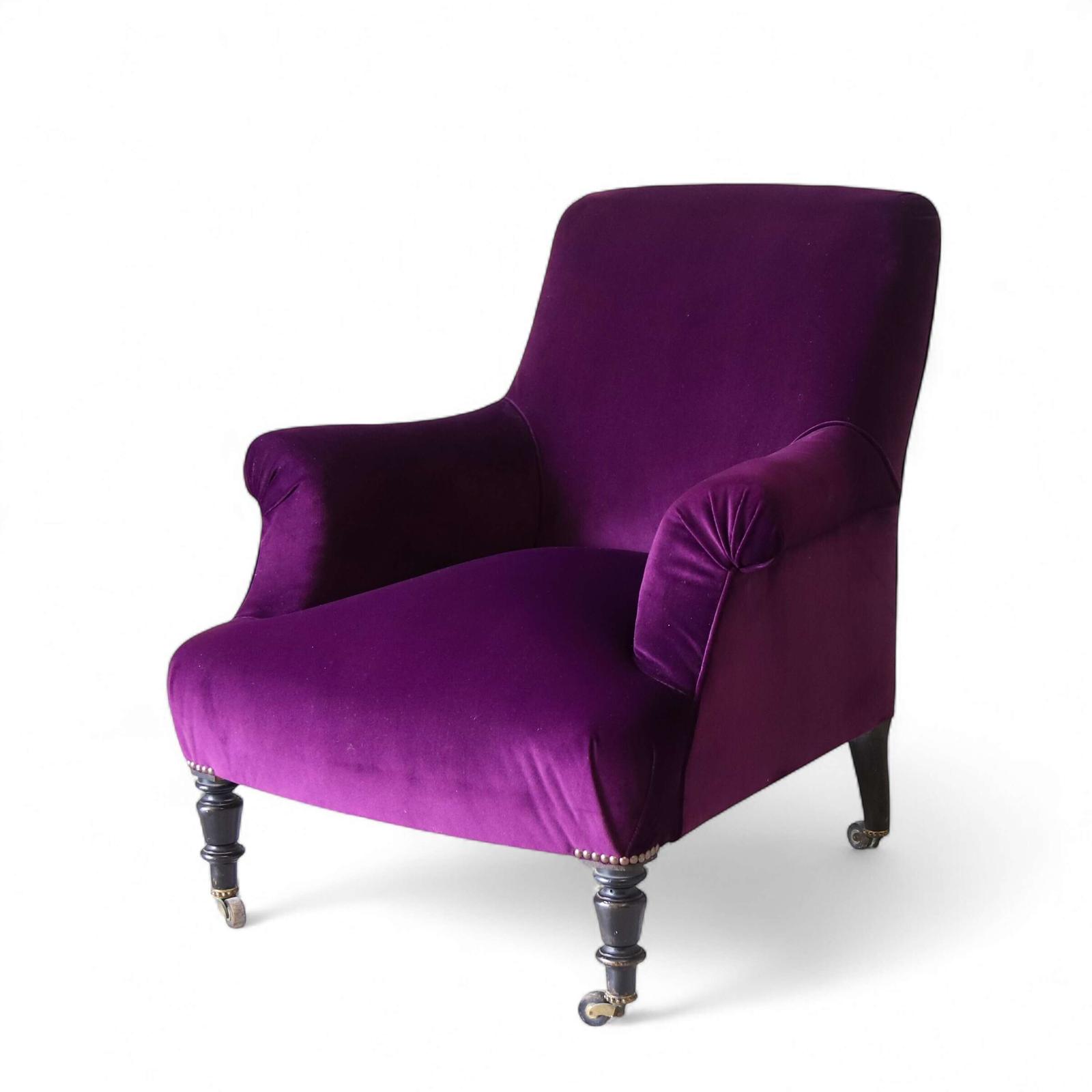 Antique Napoleon III Armchair Recovered in Designers Guild Purple Velvet (1 of 8)