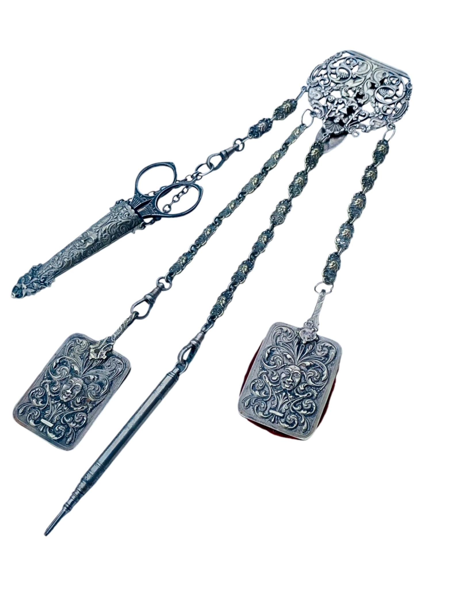 Victorian EPNS Filigree Chatelaine with Attachments Scissors Aide Memoire Pencil Pin Cushion c.1880 (1 of 11) Victorian EPNS Filigree Chatelaine with Attachments Scissors Aide Memoire Pencil Pin Cushion c.1880 (1 of 11)