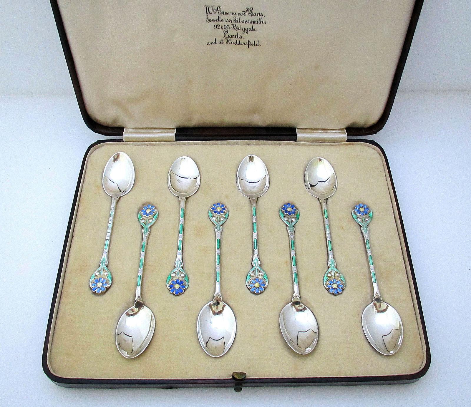Beautiful Cased 8 Solid Sterling Silver Enamel English Tea Coffee Spoons Box Set, Turner & Simpson (1 of 9) Beautiful Cased 8 Solid Sterling Silver Enamel English Tea Coffee Spoons Box Set, Turner & Simpson (1 of 9)