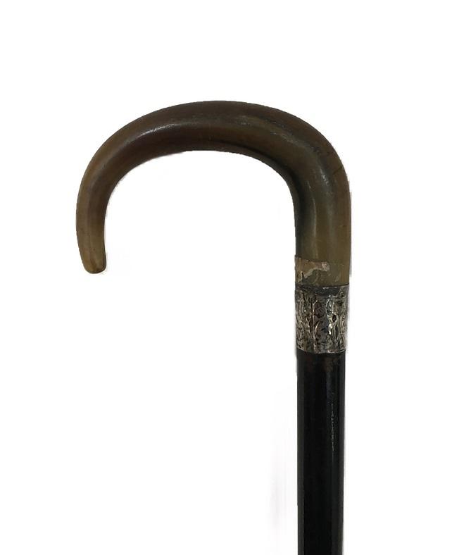 Ebonized Walking Stick with Horn Handle and Silver Plated Collar 1928 (1 of 3)