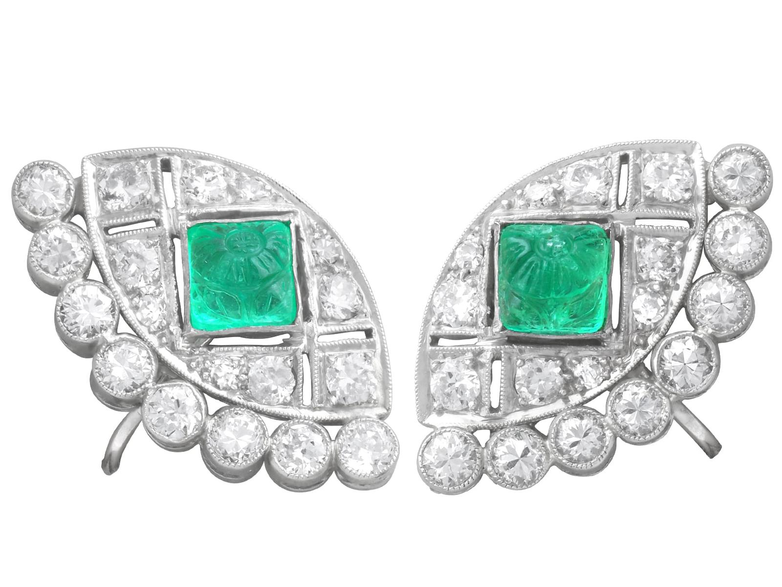 Antique Art Deco 1.24ct Emerald & 1.66ct Diamond & Platinum Earrings c.1920 (1 of 10)