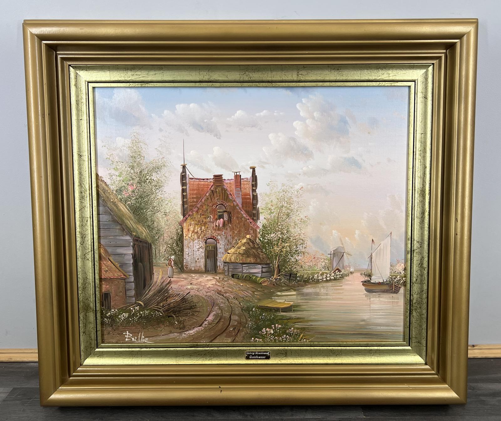 Vintage Signed Painting River Cottage Boats Gilt Frame (LOT 3867) (1 of 11)