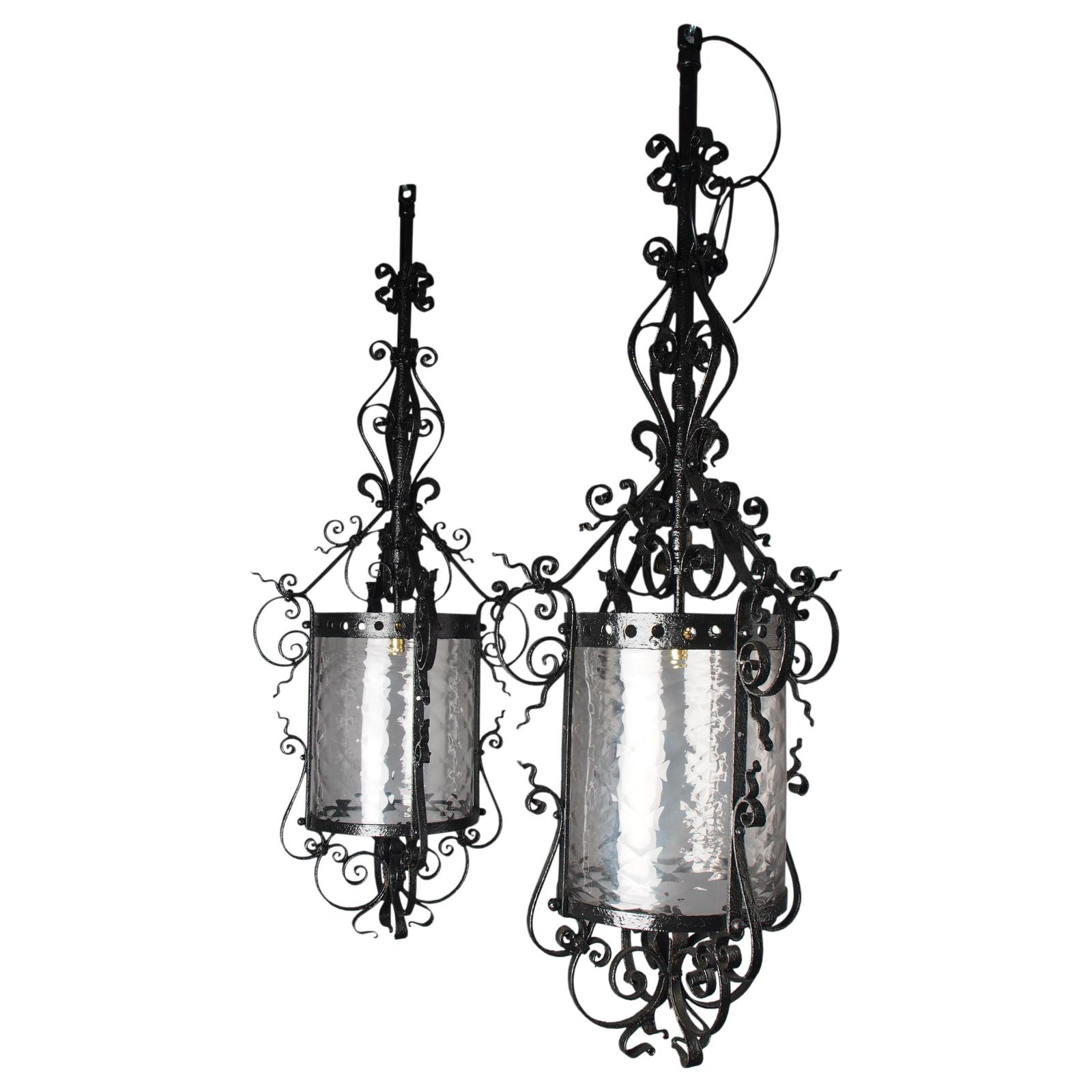 Pair of 1920s Blacksmith Made Cast Iron Hall Lanterns (1 of 9)