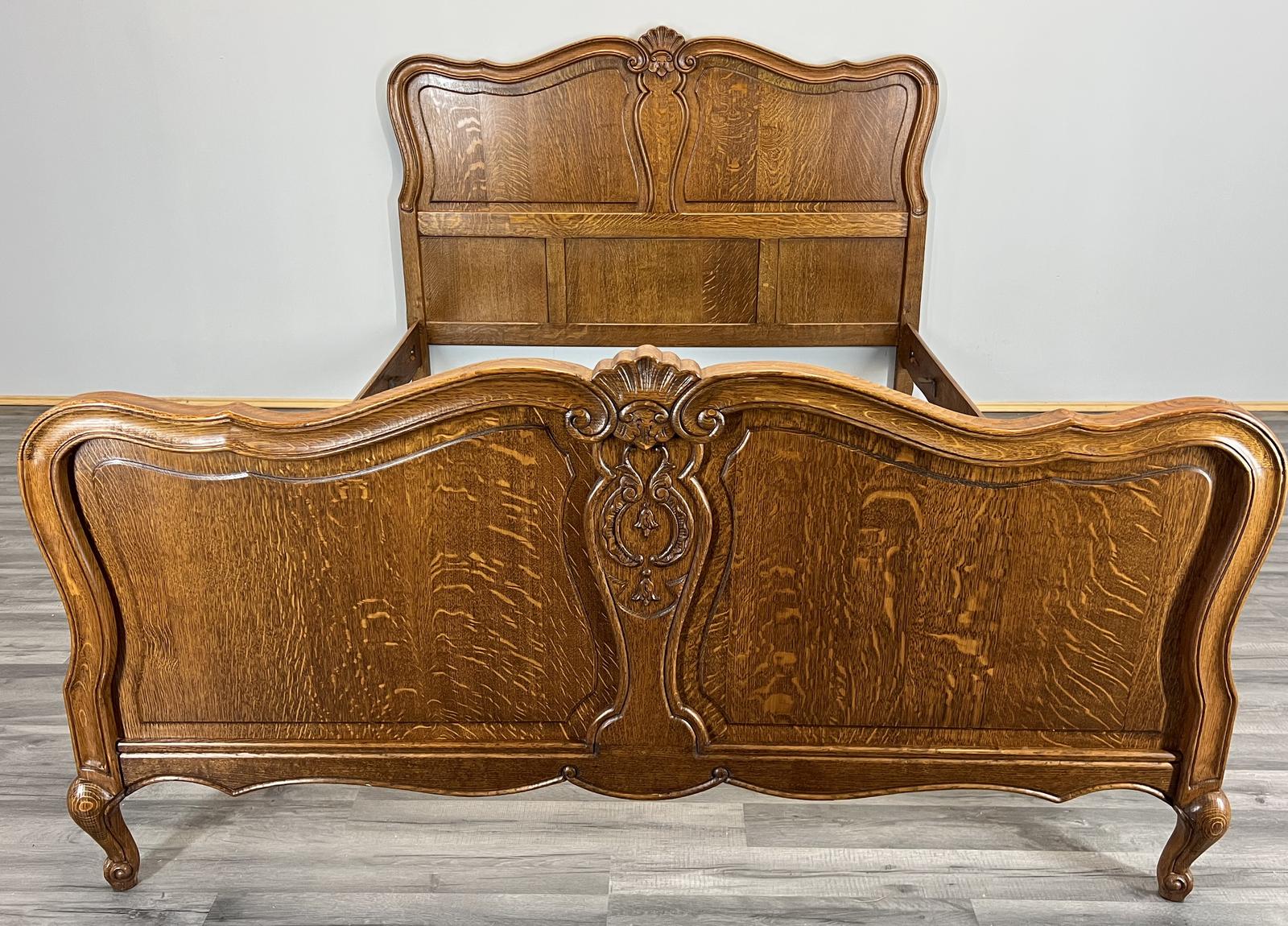 Bed - Vintage French  Double Bed Frame Oak Carved Headboard (1 of 11)