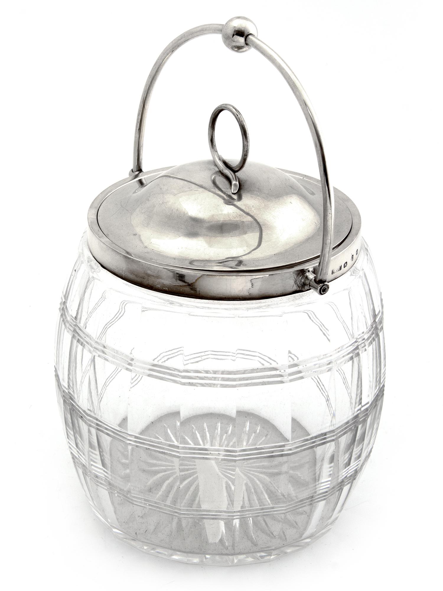 Victorian Silver Mounted Cut Glass Barrel with a Swing Handle and Pull Off Lid (1 of 6)