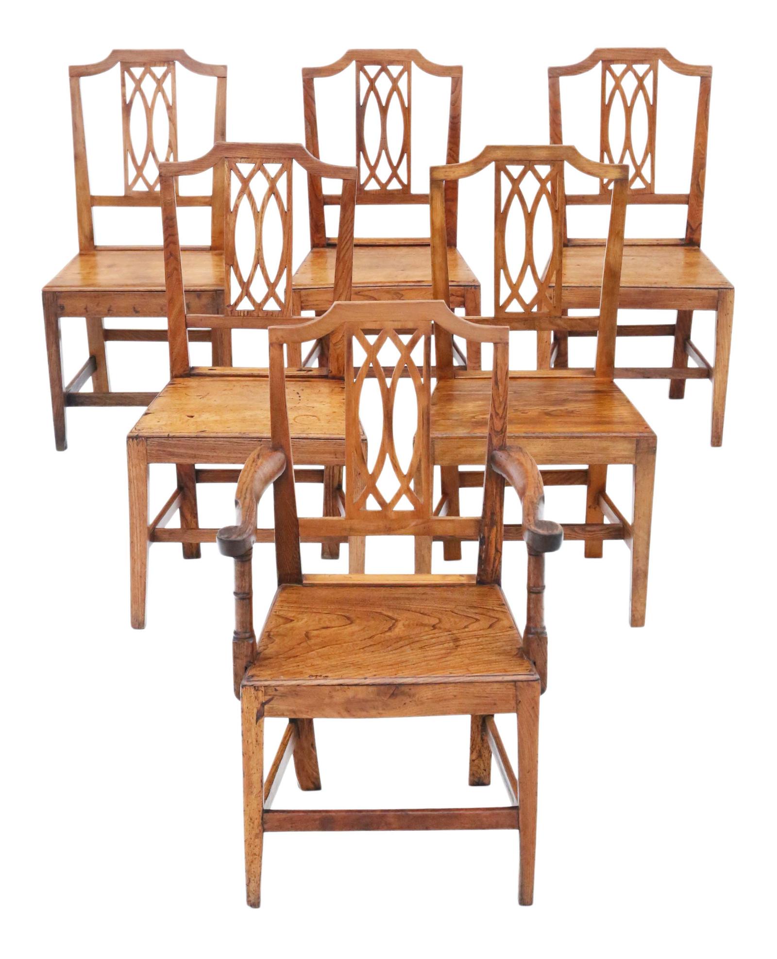 Set of 6 (5+1) 19th Century Antique Elm Kitchen Dining Chairs (1 of 11)