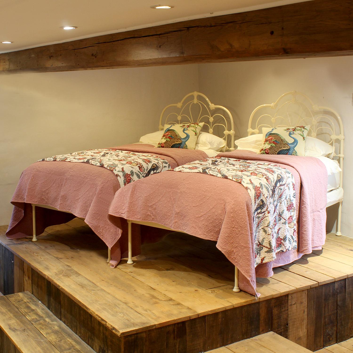 Matching Pair of Large Single Antique Beds in Cream (1 of 9)