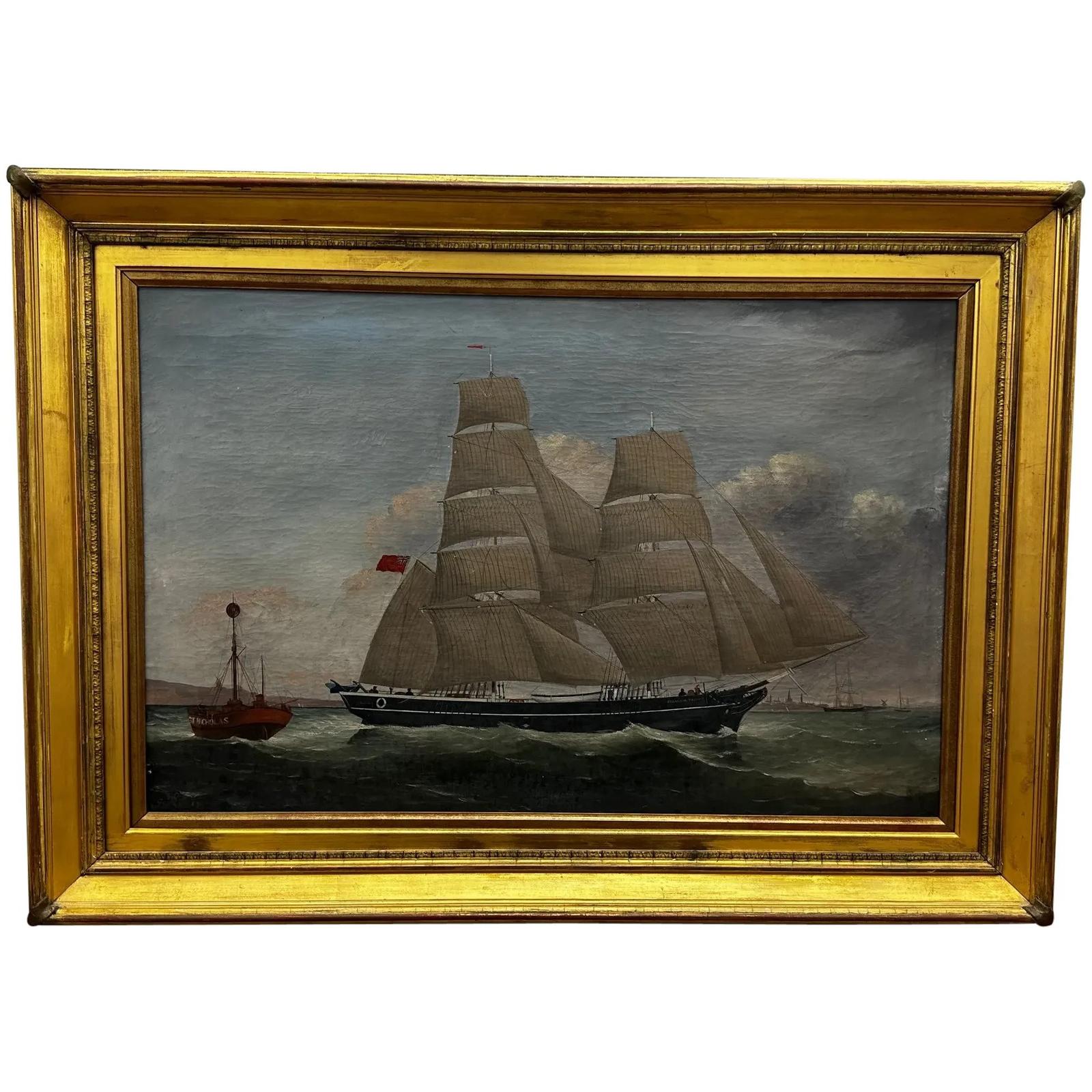19th Century Oil Painting Marine Brigg Ship Susannah Thrift with Pilot St Nicholas (1 of 2)