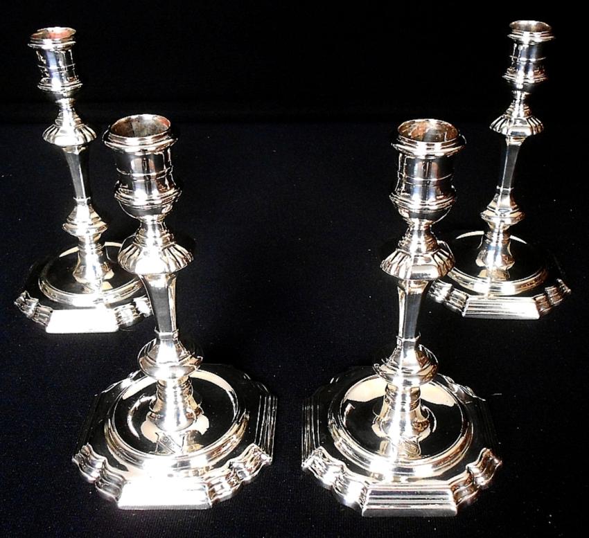 A Set of 4 Solid Silver Crested Candlesticks, James Gould, London 1731/32 (1 of 11)