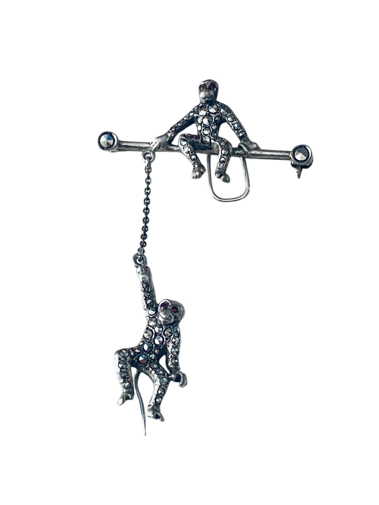 French Double Swinging Monkey Brooch Pin Sterling Silver Marcasite & Ruby Glass Eyes Art Deco 1920s (1 of 7)
