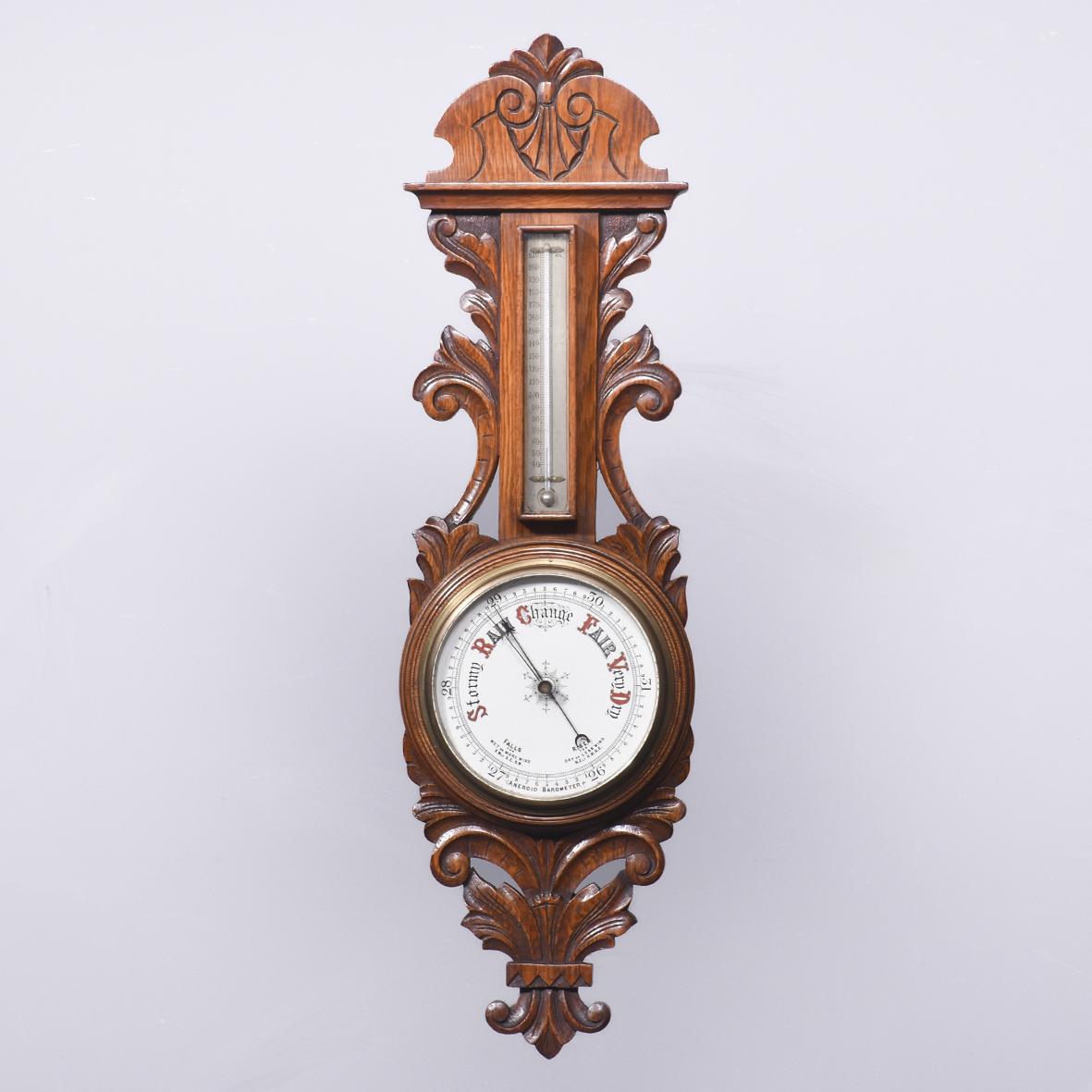 Edwardian Carved Oak Aneroid Barometer & Thermometer (1 of 7)