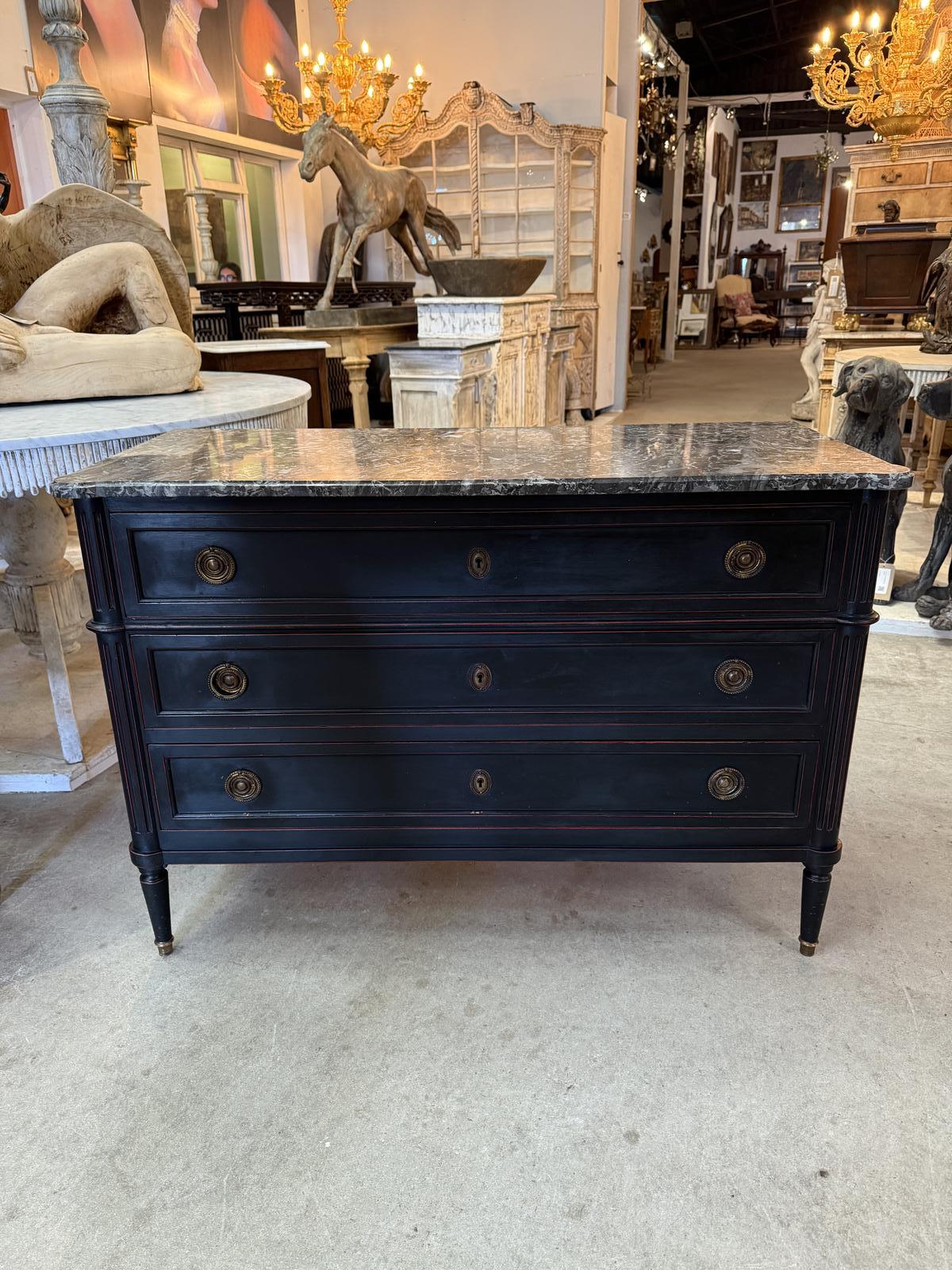 Mid Century Marble Topped Commode in the Louis XVI Style , Black Paint Finish (1 of 7) Mid Century Marble Topped Commode in the Louis XVI Style , Black Paint Finish (1 of 7)