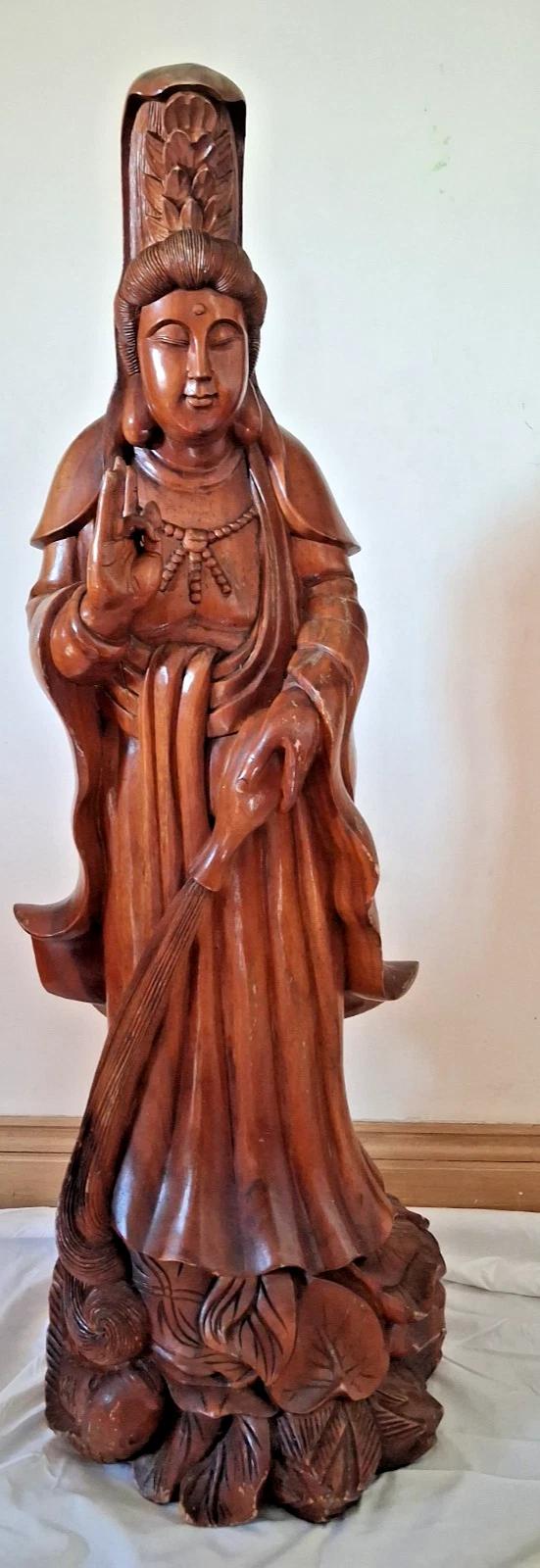 Antique Large Wood Carved Guan Yin Buddha Statue 102cm Height (1 of 10)
