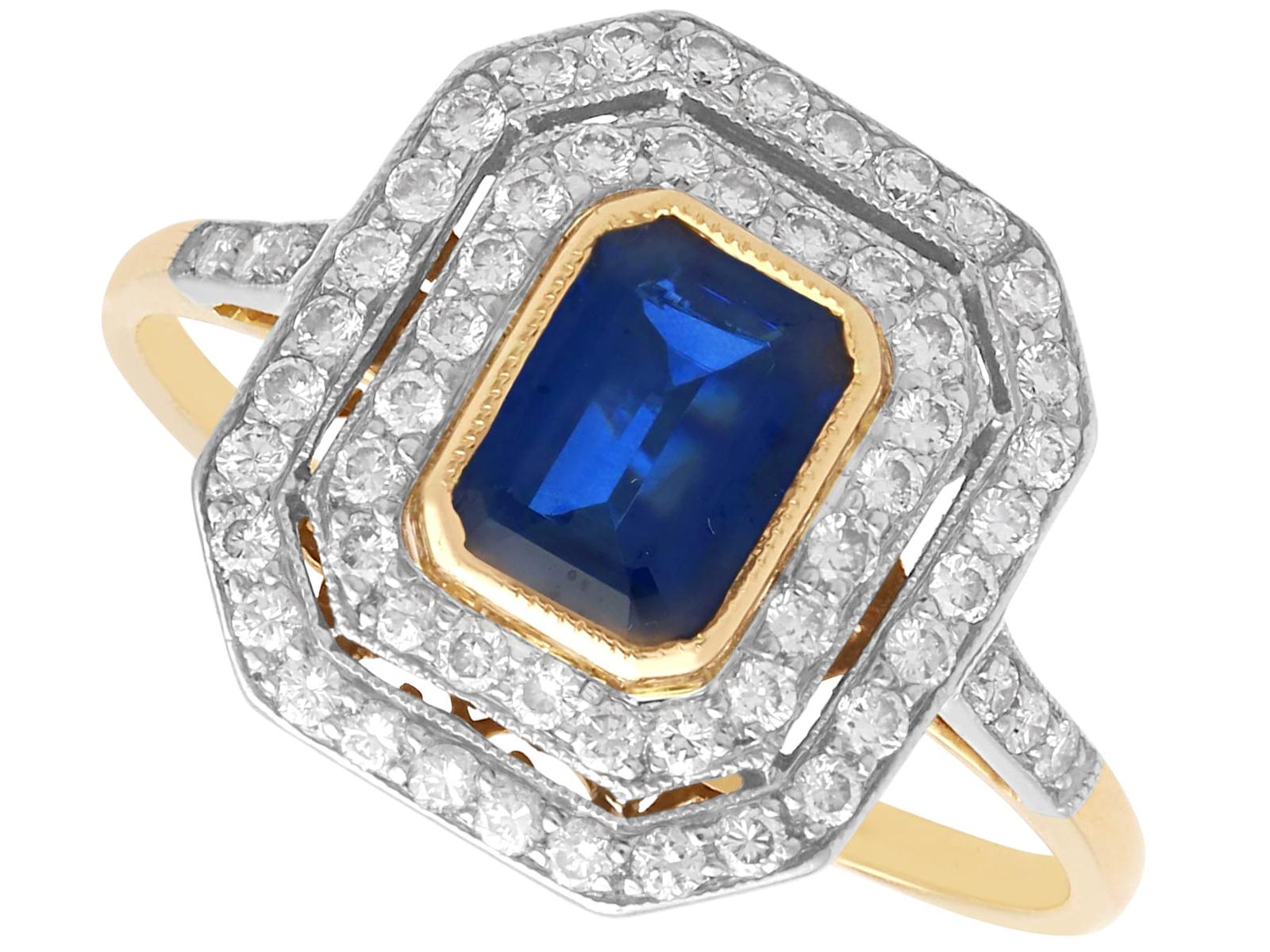 Vintage 0.95ct Sapphire & 0.60ct Diamond, 18k Yellow Gold Double Halo Ring c.1940 (1 of 13)