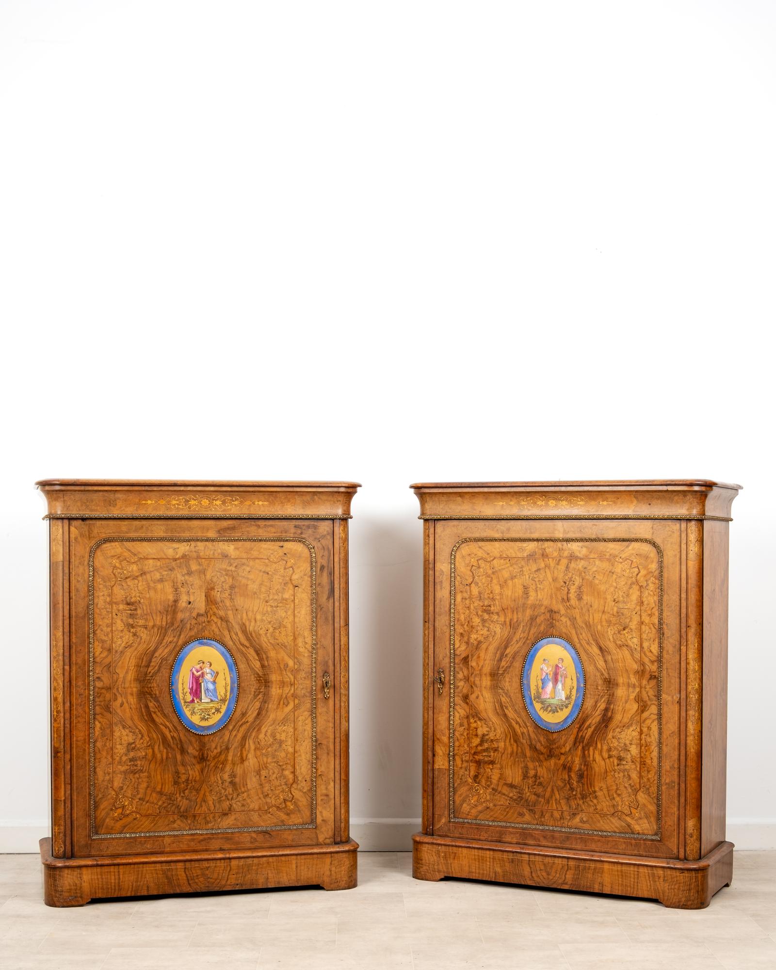 Pair of Antique Burr Walnut Side Cabinets with Porcelain Plaques c.1870 (1 of 11) Pair of Antique Burr Walnut Side Cabinets with Porcelain Plaques c.1870 (1 of 11)