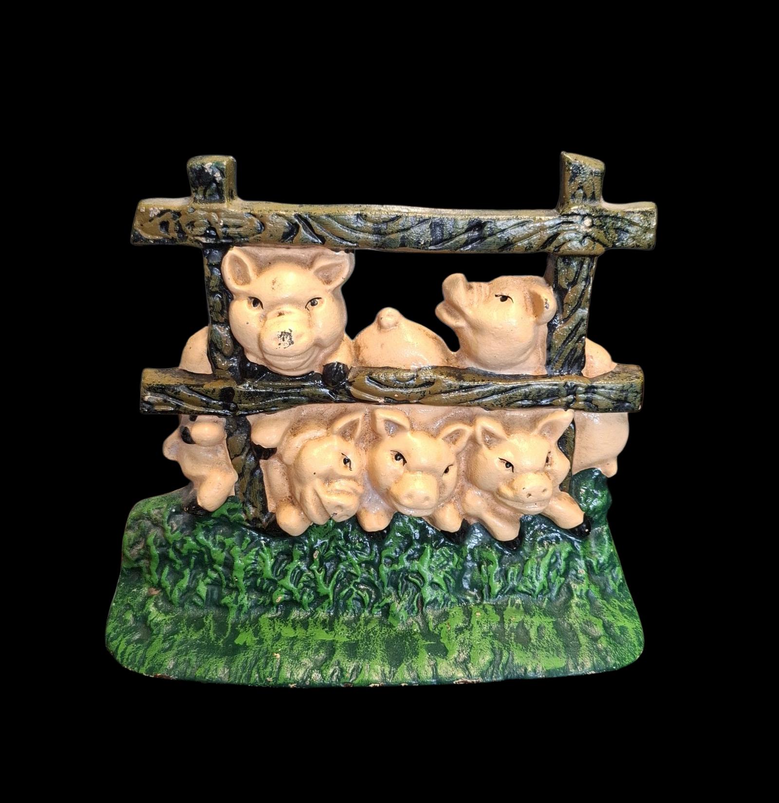 Cast Iron Door Stop "Piglets Behind the Fence" (1 of 1)