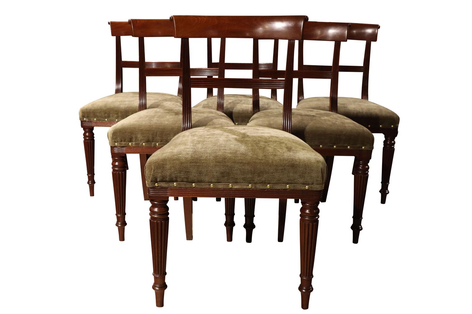 Set of Six Regency Mahogany Bar Back Dining Chairs with Reeded Legs c.1820 (1 of 7) Set of Six Regency Mahogany Bar Back Dining Chairs with Reeded Legs c.1820 (1 of 7)
