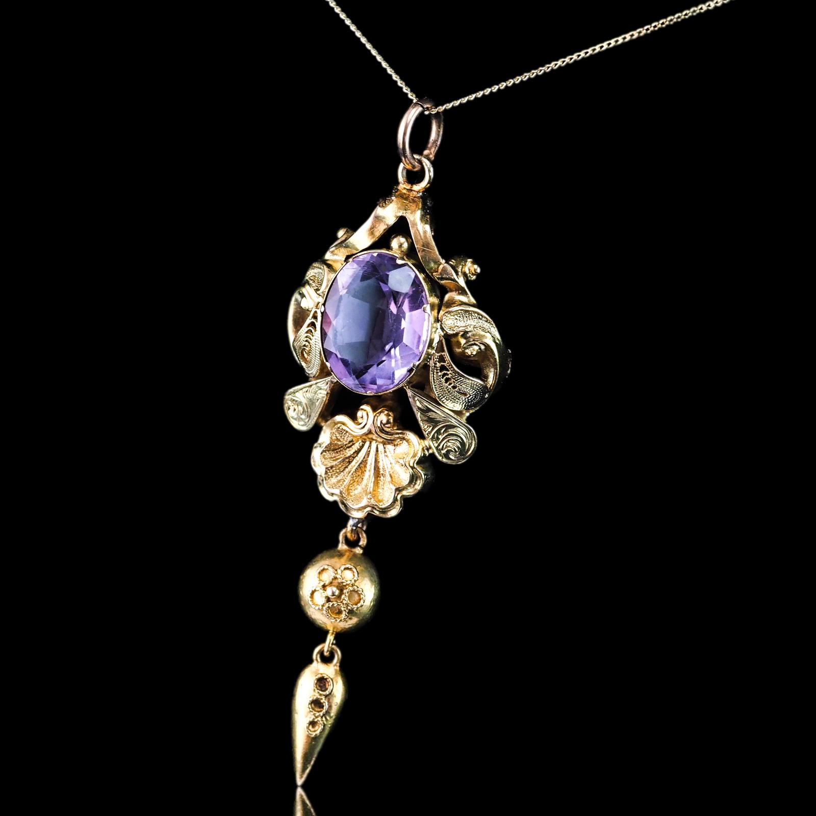 Antique Victorian Amethyst Pendant Necklace 14K Gold - 19th c (1 of 19)