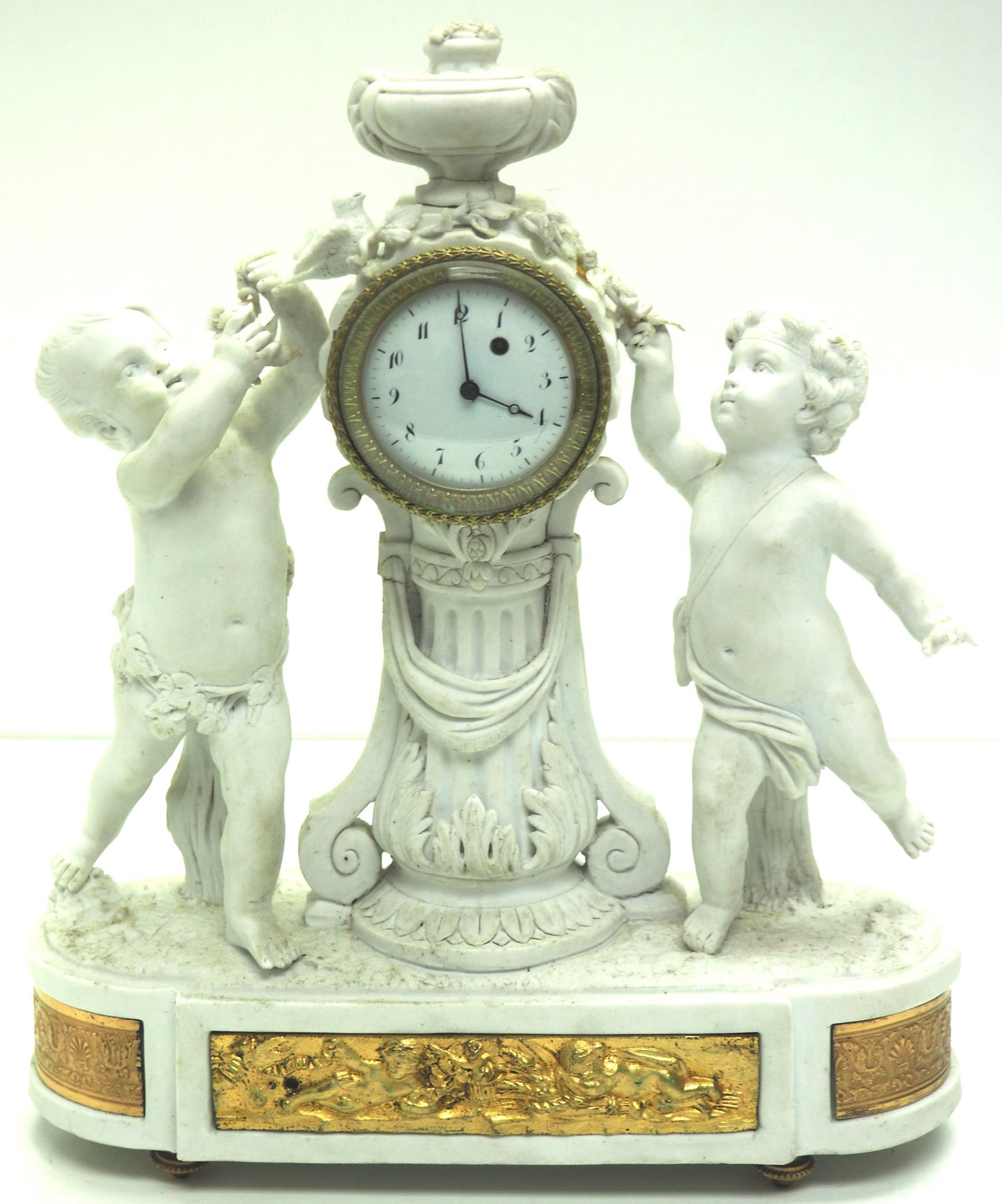 French Empire Figural Mantel Clock – Bisque Porcelain Cherub Verge Mantle Clock c.1800 (1 of 13) French Empire Figural Mantel Clock – Bisque Porcelain Cherub Verge Mantle Clock c.1800 (1 of 13)