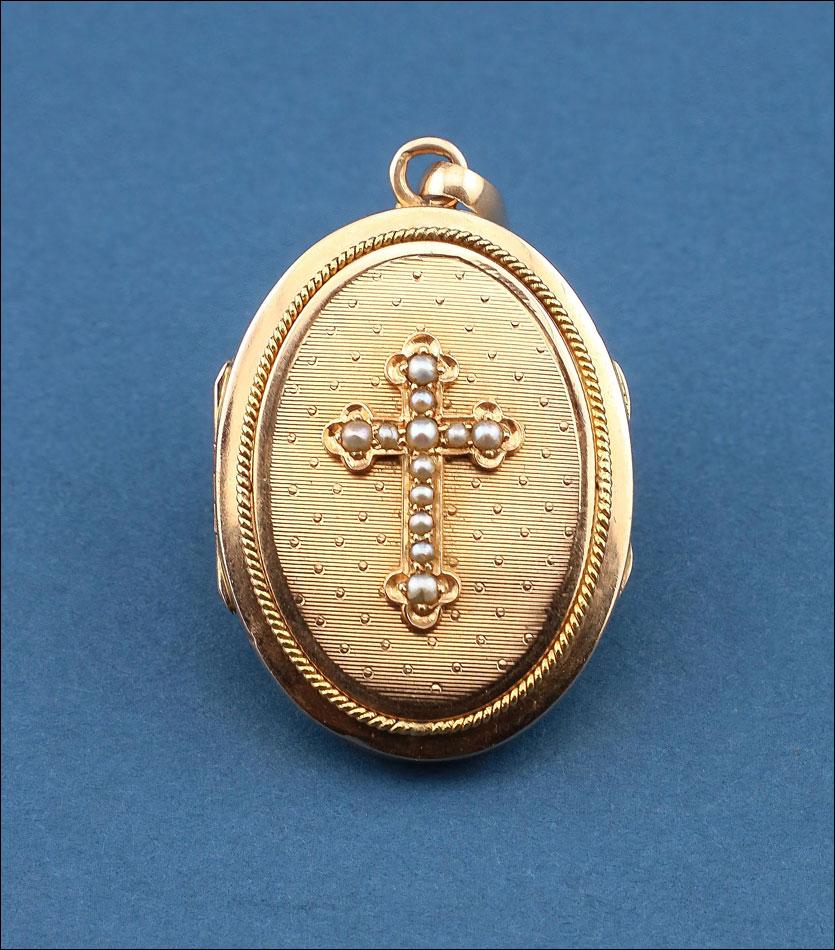 Antique 18K Gold Locket Pendant with Pearl Cross. Circa 1900 (1 of 5) Antique 18K Gold Locket Pendant with Pearl Cross. Circa 1900 (1 of 5)