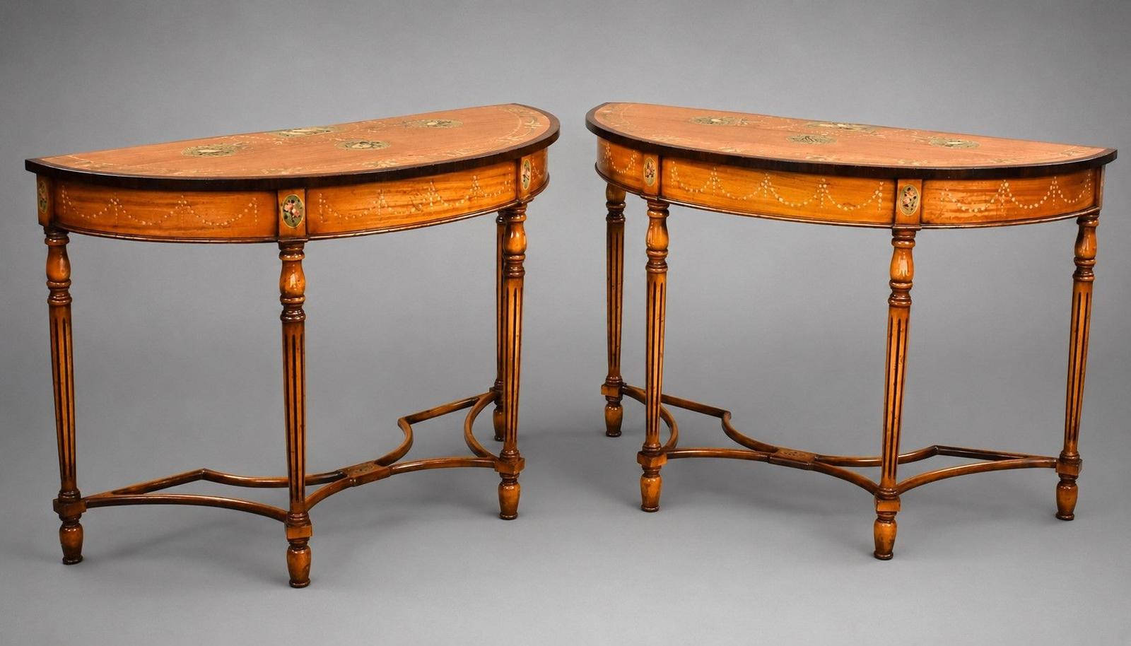 Fine Pair of Sheraton Revival Painted Satinwood Demi-lune Console Tables (1 of 7) Fine Pair of Sheraton Revival Painted Satinwood Demi-lune Console Tables (1 of 7)