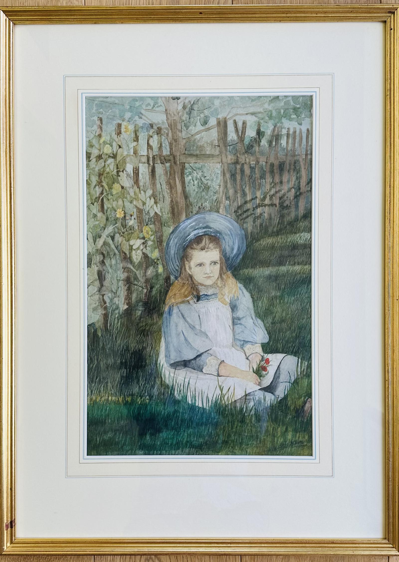 Original Edwardian Watercolour 'The Blue Hat' Fully Signed Bottom Right (but I cannot read it) Framed c.1910 (1 of 3)
