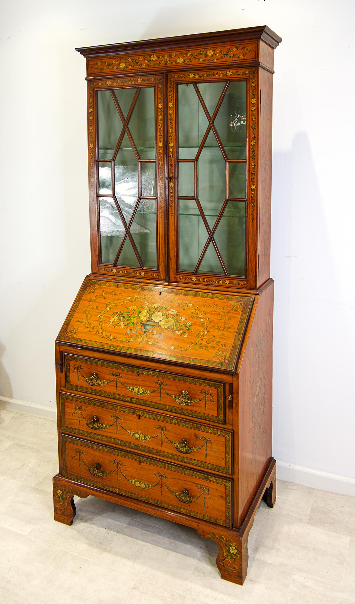 Antique Satinwood Painted Bureau Bookcase (Adam Revival, c.1890) (1 of 6)