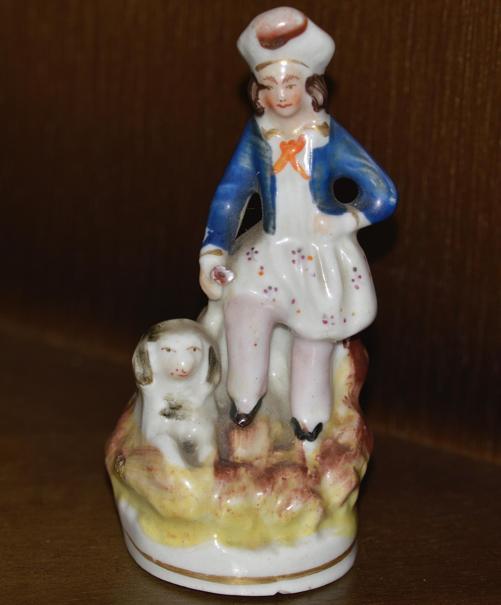 Early Victorian Staffordshire Miniature Figure of a Man with his Dog (1 of 6)