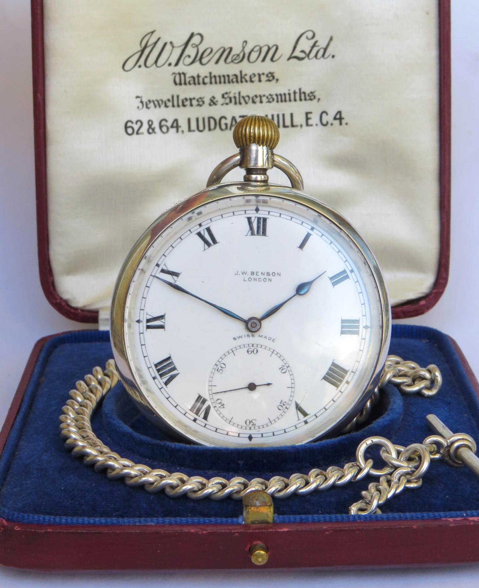 Pocket Watch: Antique Silver J W Benson Pocket Watch & Chain (1 of 6) Pocket Watch: Antique Silver J W Benson Pocket Watch & Chain (1 of 6)