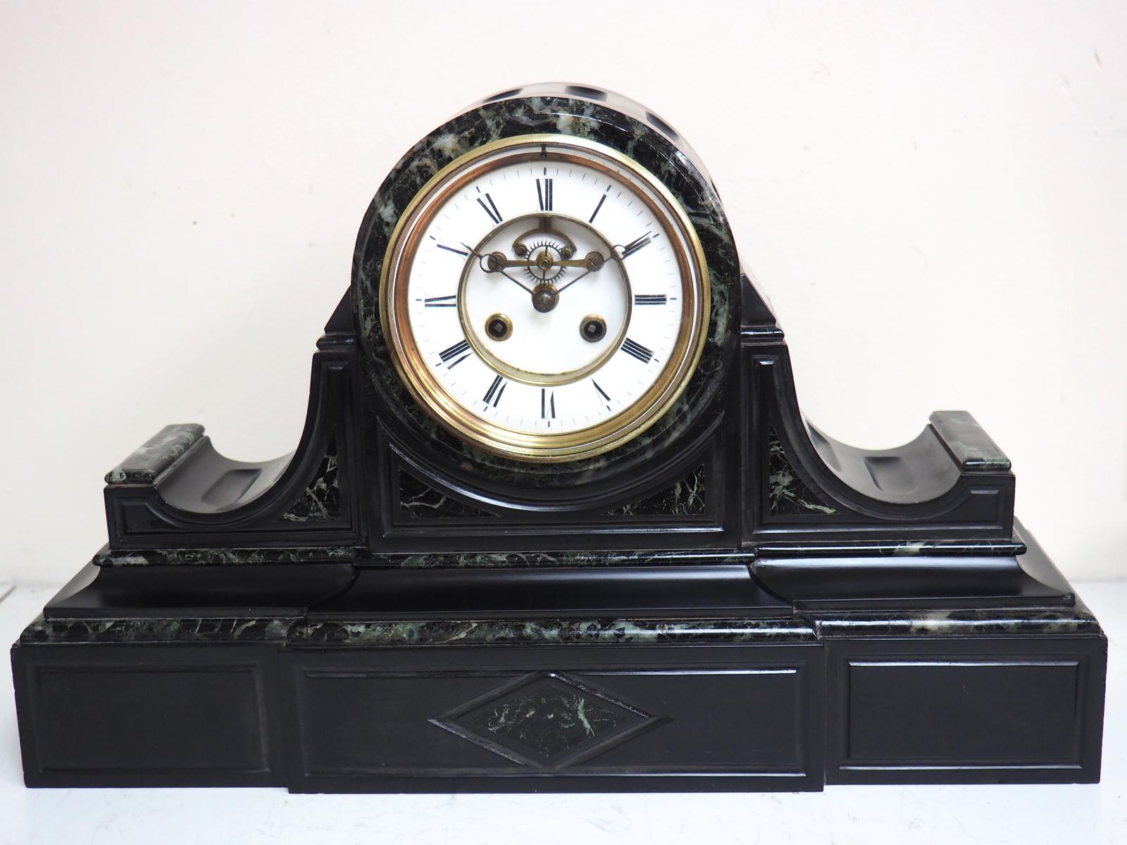 Marvellous French 8-day Striking Slate Clock – Grey Marble Inlay Visible Escapement (1 of 10)