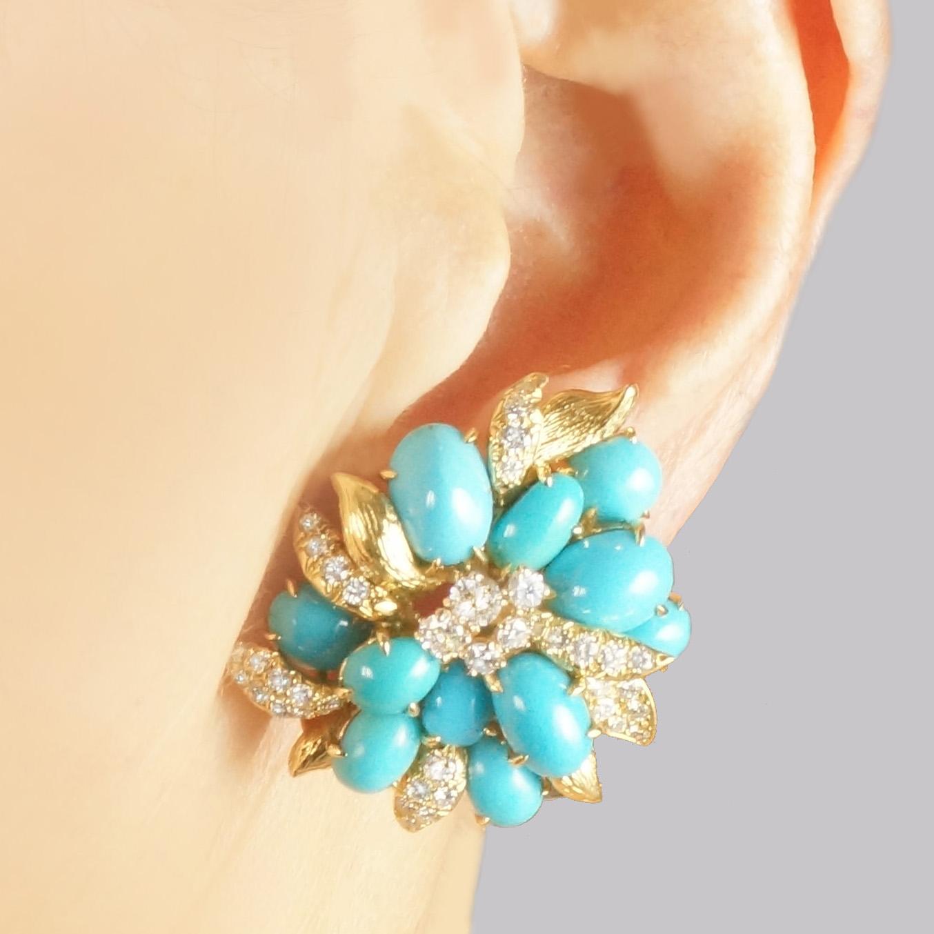 Vintage Julius Cohen Turquoise & Diamond Cluster Earrings 14ct Gold Circa 1960s (1 of 13)