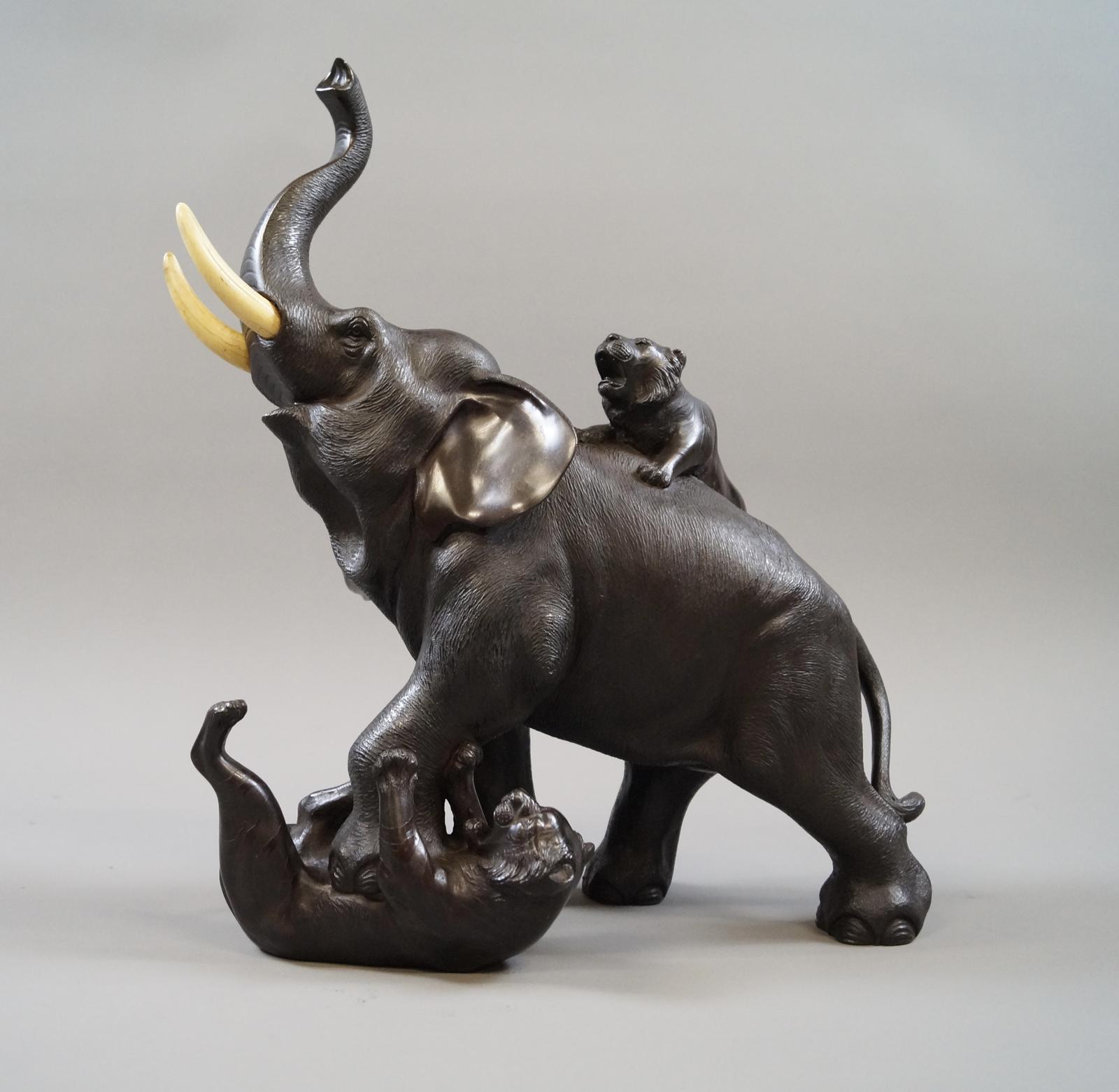 A Meiji Bronze Elephant & Tigers Okimono (1 of 7)