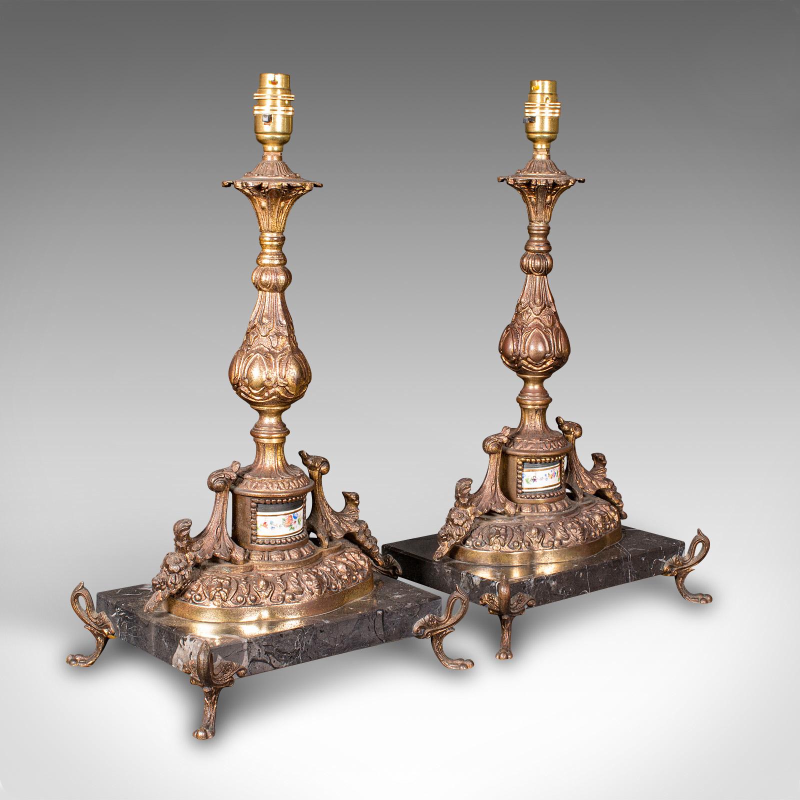 Pair of Antique Lamp Bases, French, Gilt Metal, Marble, Table Light c.1910 (1 of 12)