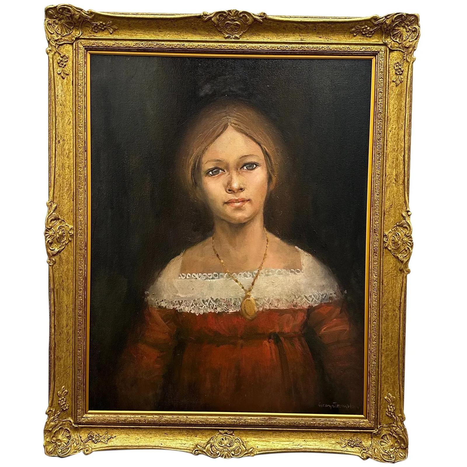 Victorian Style Oil Painting Portrait Lady Red & White Lace Dress ...