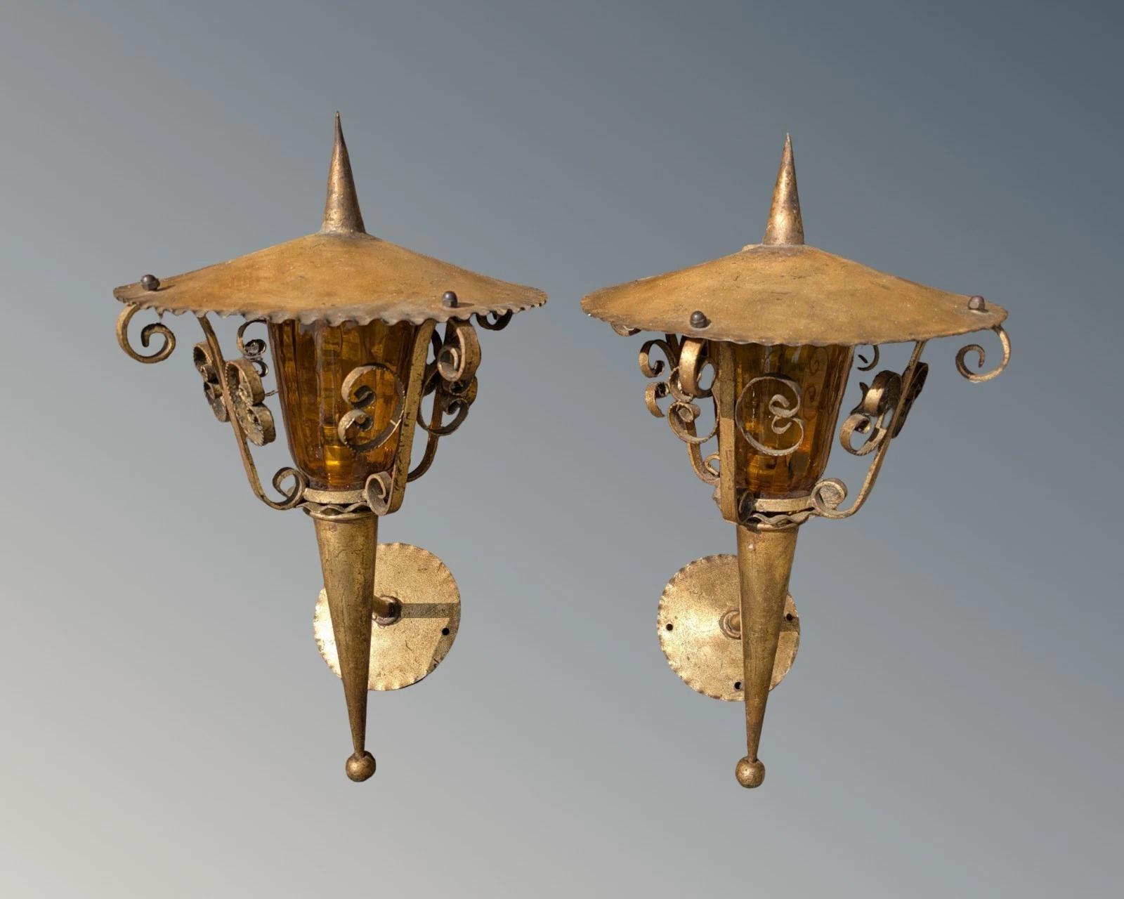 Stylish Pair of Gilt Arts & Crafts Wall Lanterns (1 of 7)