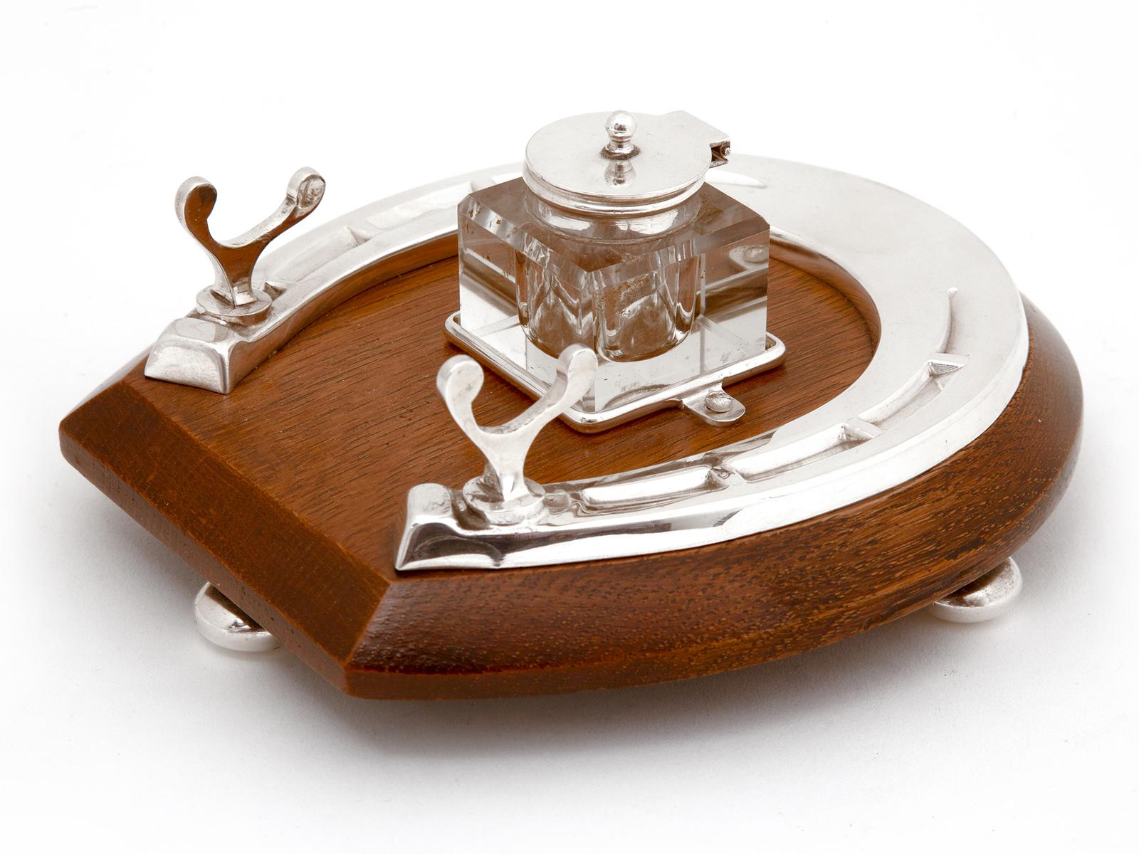 Novelty English Equestrian Oak & Silver Plate Horse Shoe Inkwell (1 of 3) Novelty English Equestrian Oak & Silver Plate Horse Shoe Inkwell (1 of 3)