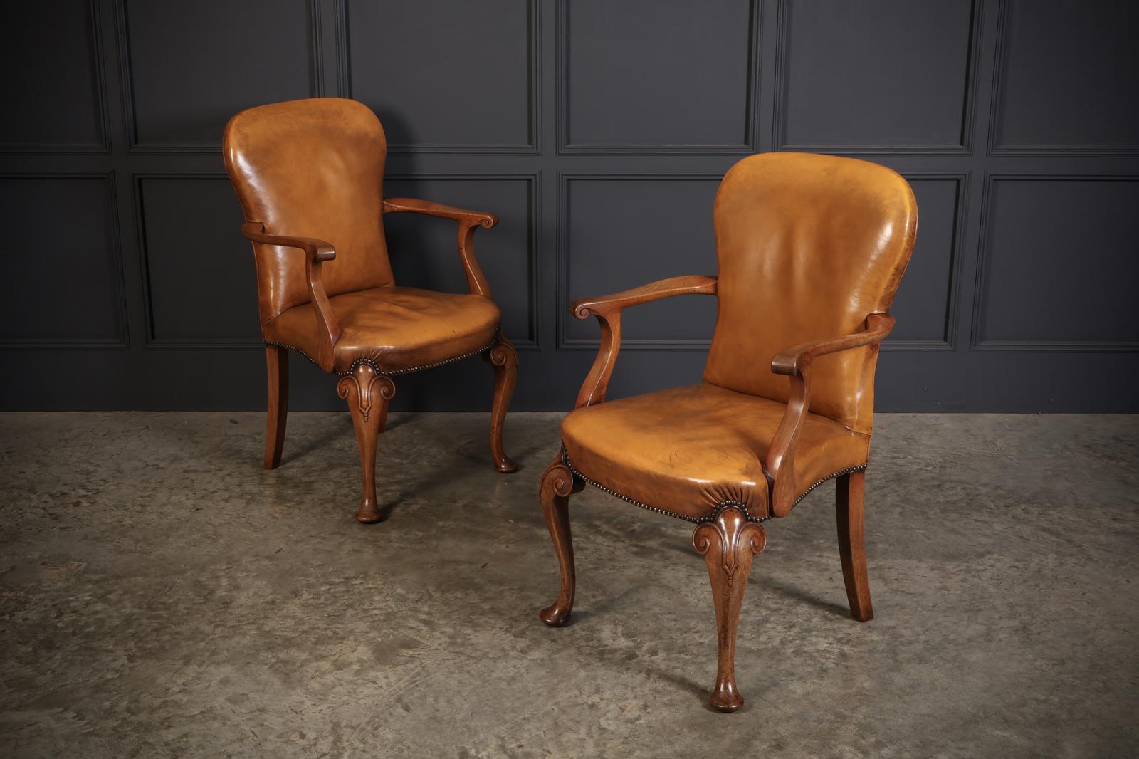 Pair of Queen Anne Style Walnut & Leather Armchairs (1 of 12) Pair of Queen Anne Style Walnut & Leather Armchairs (1 of 12)