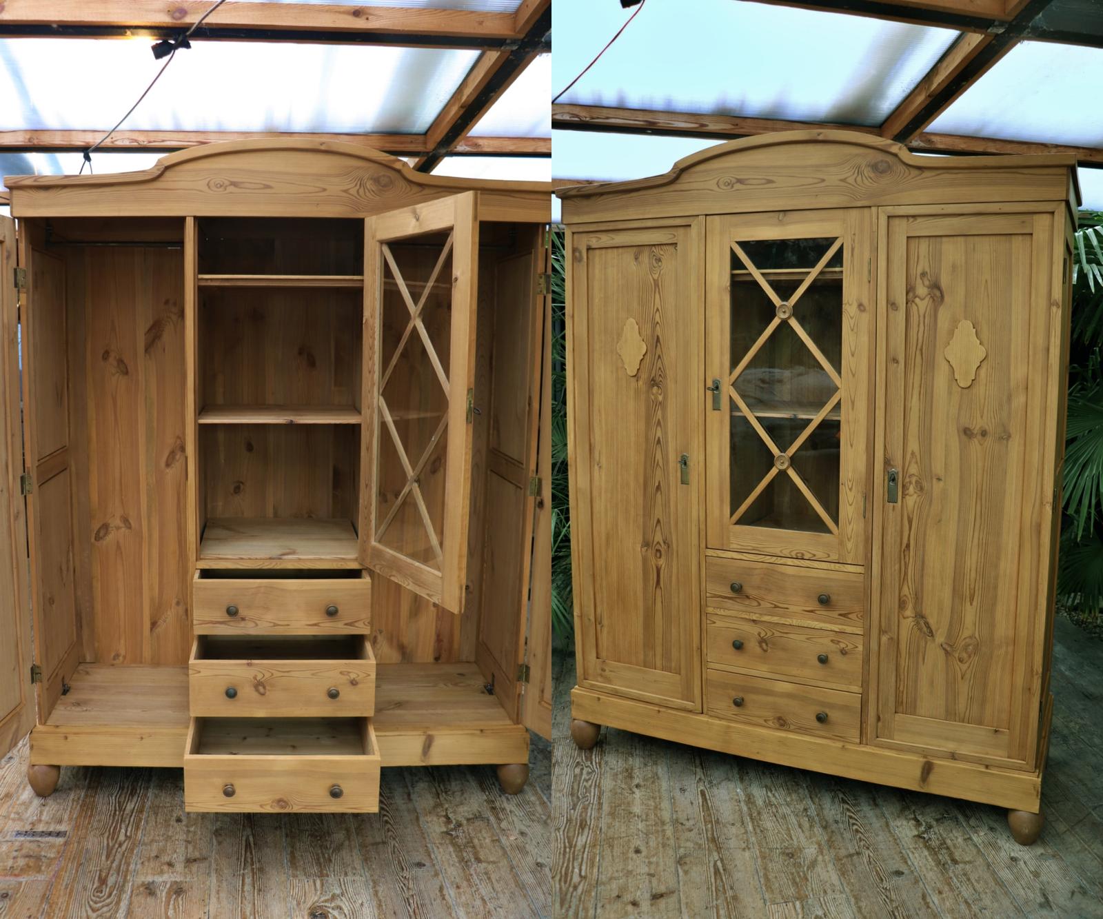 Stunning! Big Old Antique Pine Triple Knock Down Combination Wardrobe (1 of 21)