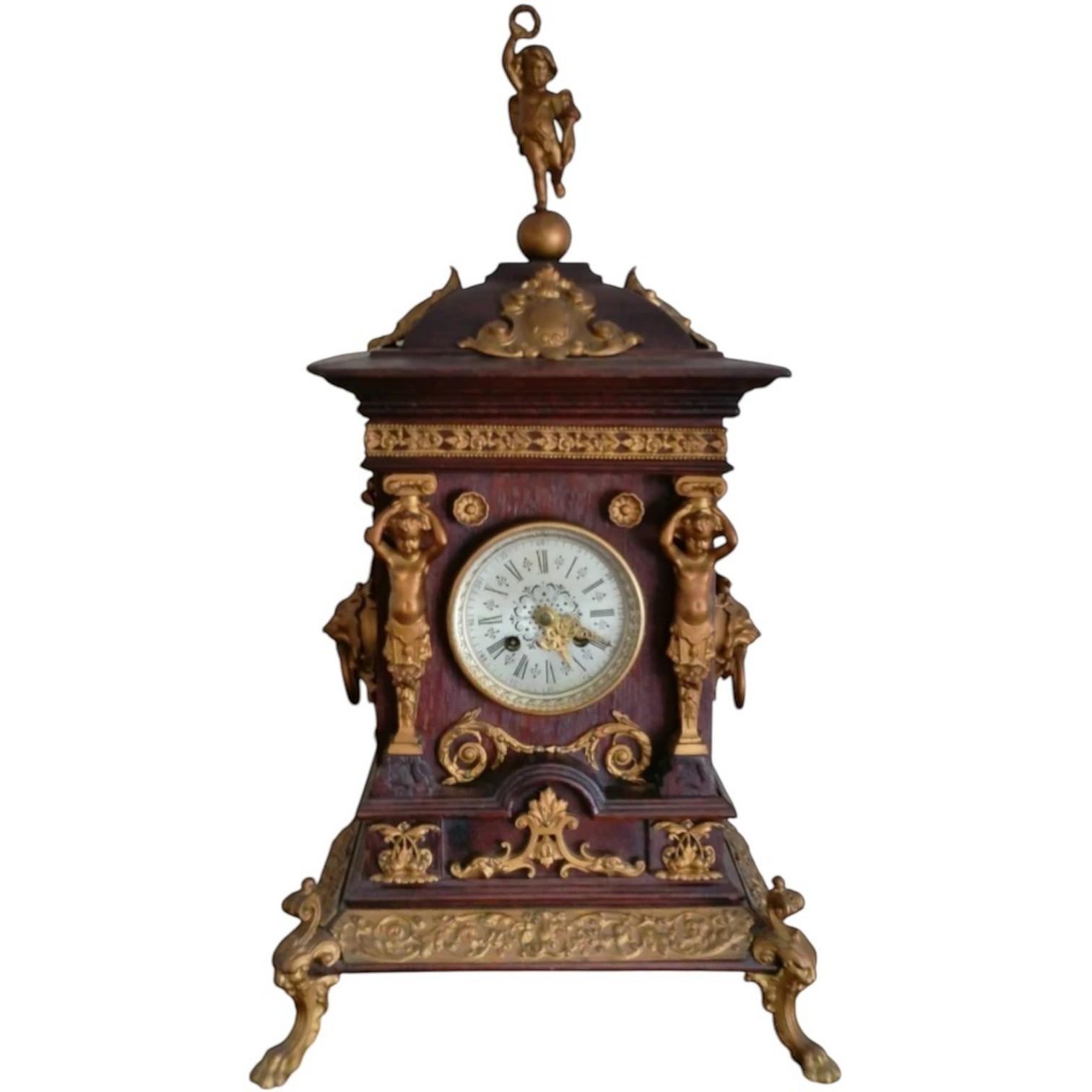 Antique Oak Mantel Clock with Brass Dial & Figurines | Pre-1900 (1 of 14) Antique Oak Mantel Clock with Brass Dial & Figurines | Pre-1900 (1 of 14)