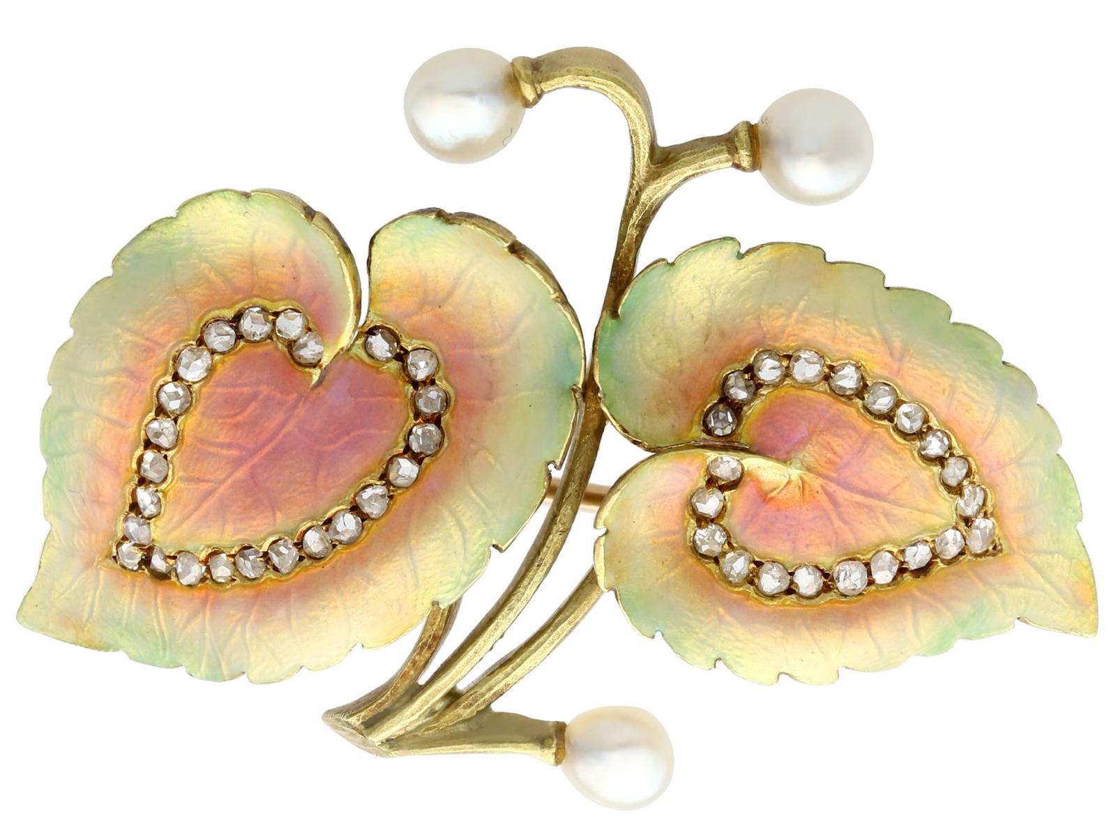 Antique Victorian 0.21ct Diamond, Natural Pearl & Enamel, 18ct Yellow Gold Brooch c.1900 (1 of 9)