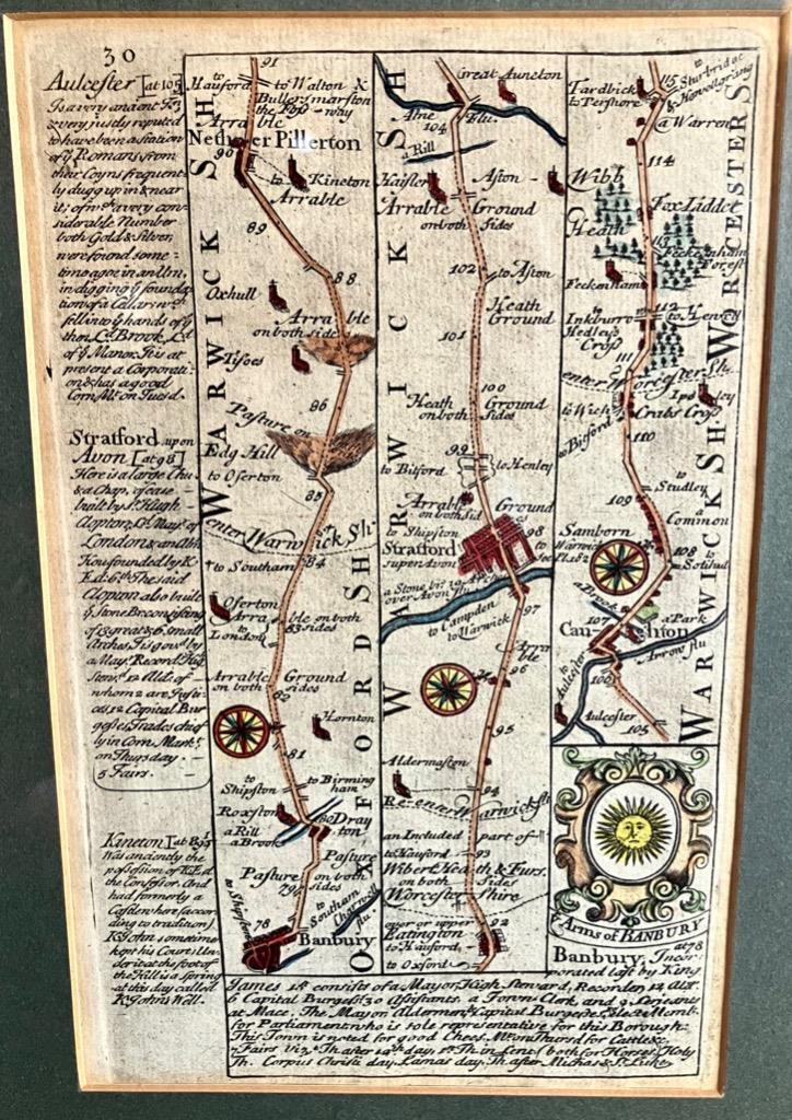 1760 Framed Miniature Road Map by John Ogilby Stratford Upon Avon & Banbury (1 of 2)