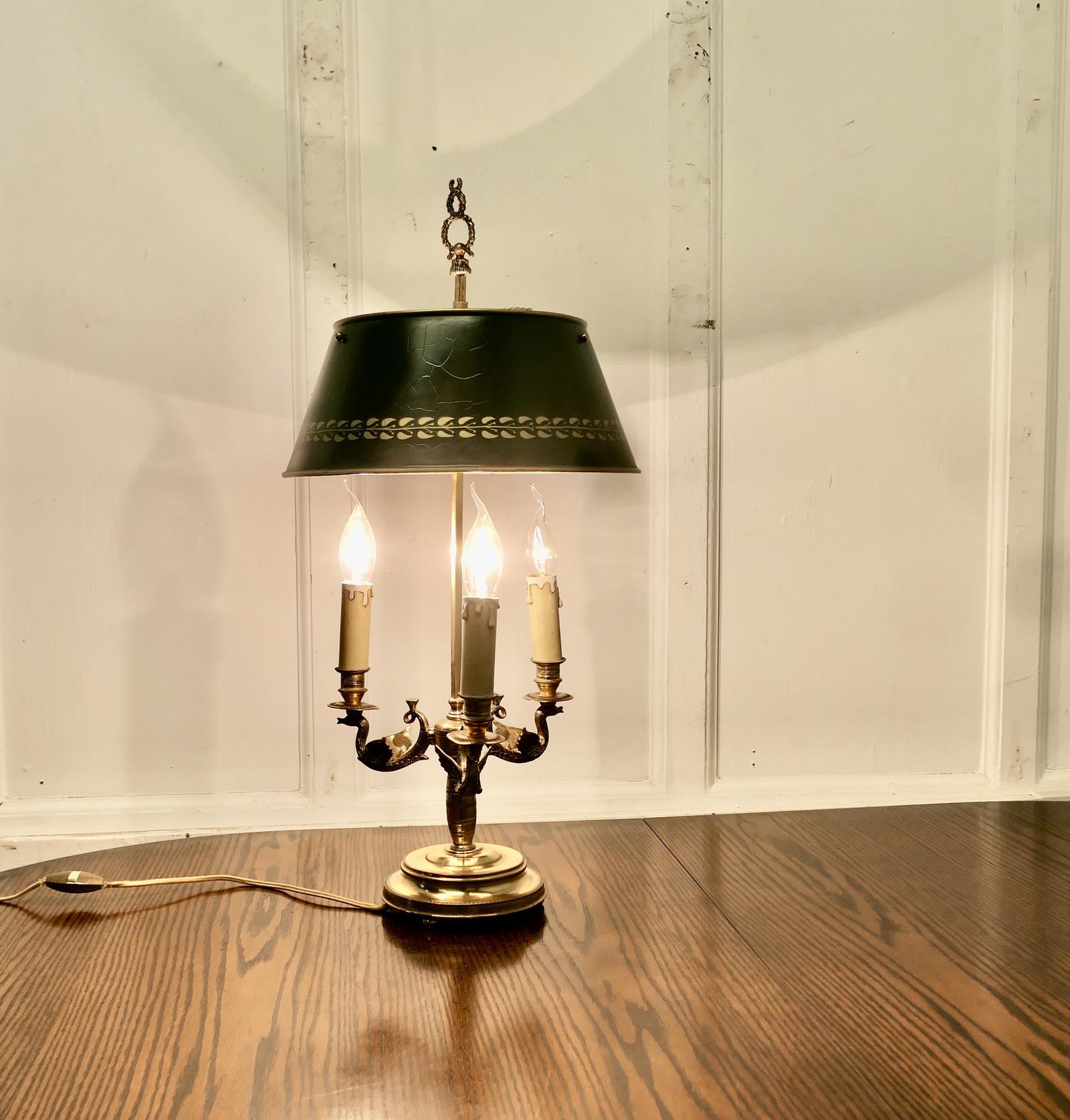 French Painted Green Toleware and Brass Triple Desk Lamp (1 of 5)