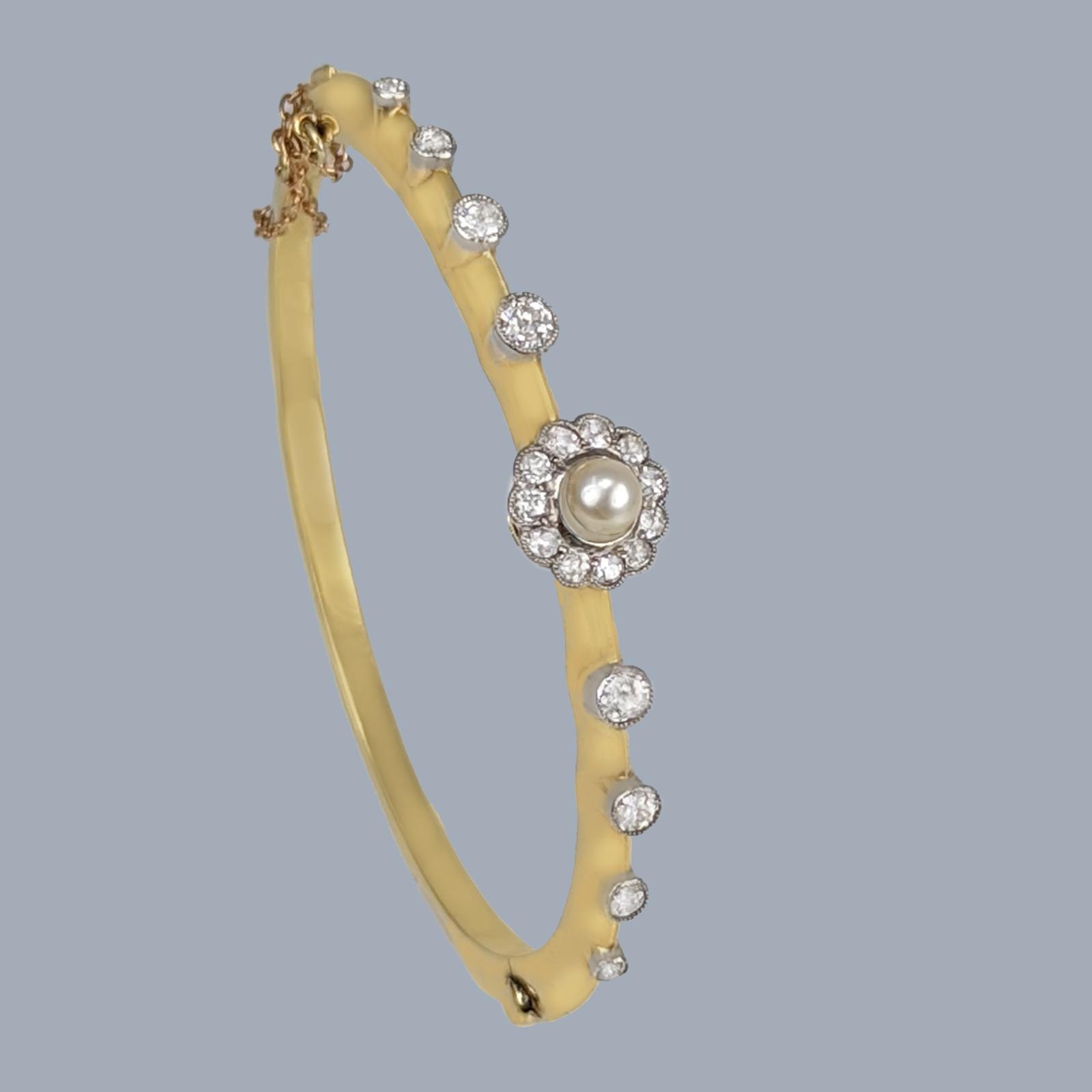 Antique Edwardian Diamond and Pearl Bangle in 18ct Gold & Platinum Circa 1910 (1 of 9)