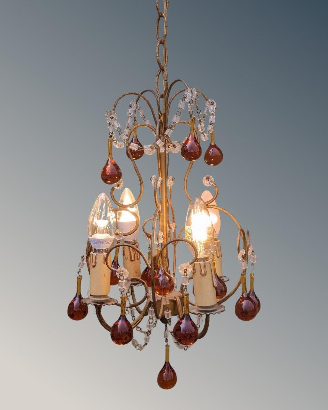 Pretty Four Light Chandelier with Amber Glass Drops (1 of 7)