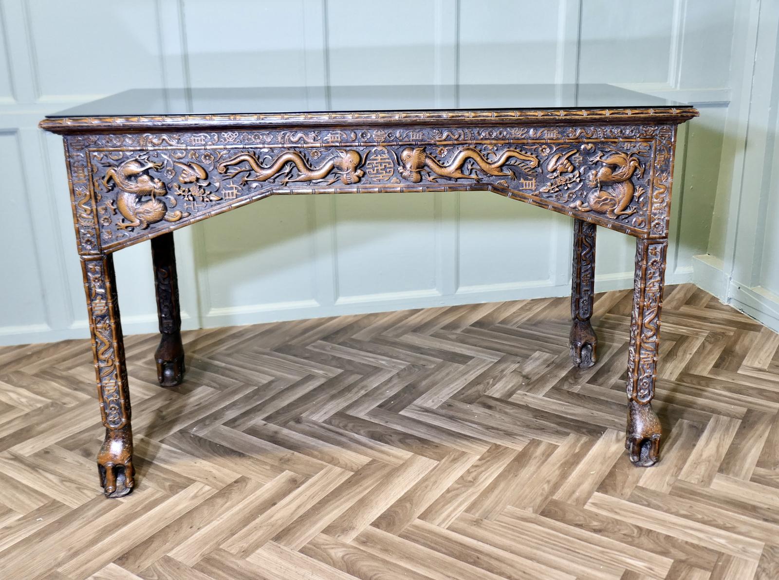 Long Chinoiserie Carved Console Table or Hall Table (1 of 9)
