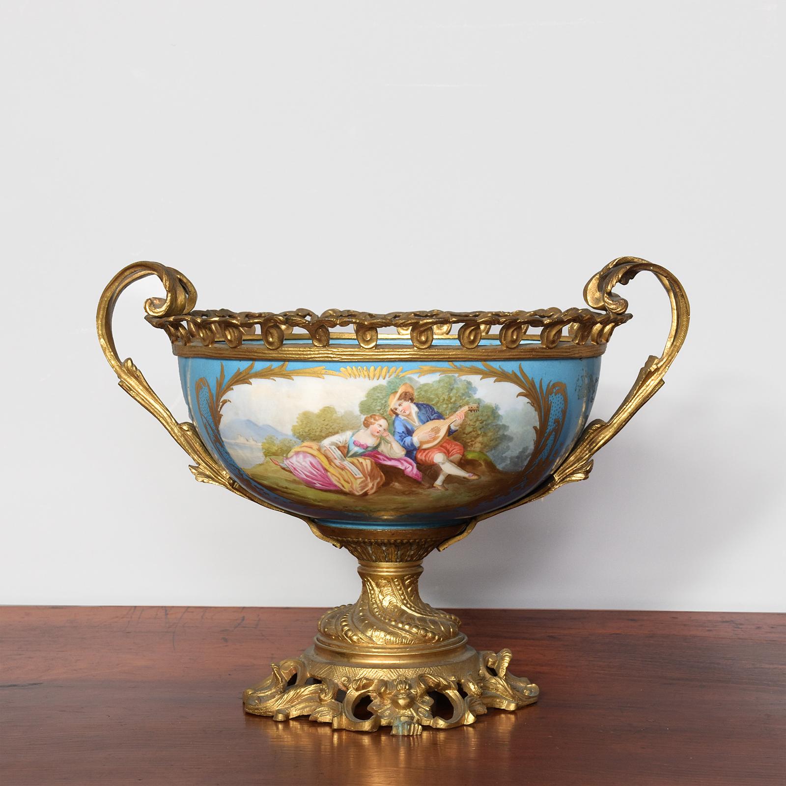 French Hand-painted, Sevres-style Ormolu-mounted Centre Porcelain Bowl (1 of 6) French Hand-painted, Sevres-style Ormolu-mounted Centre Porcelain Bowl (1 of 6)