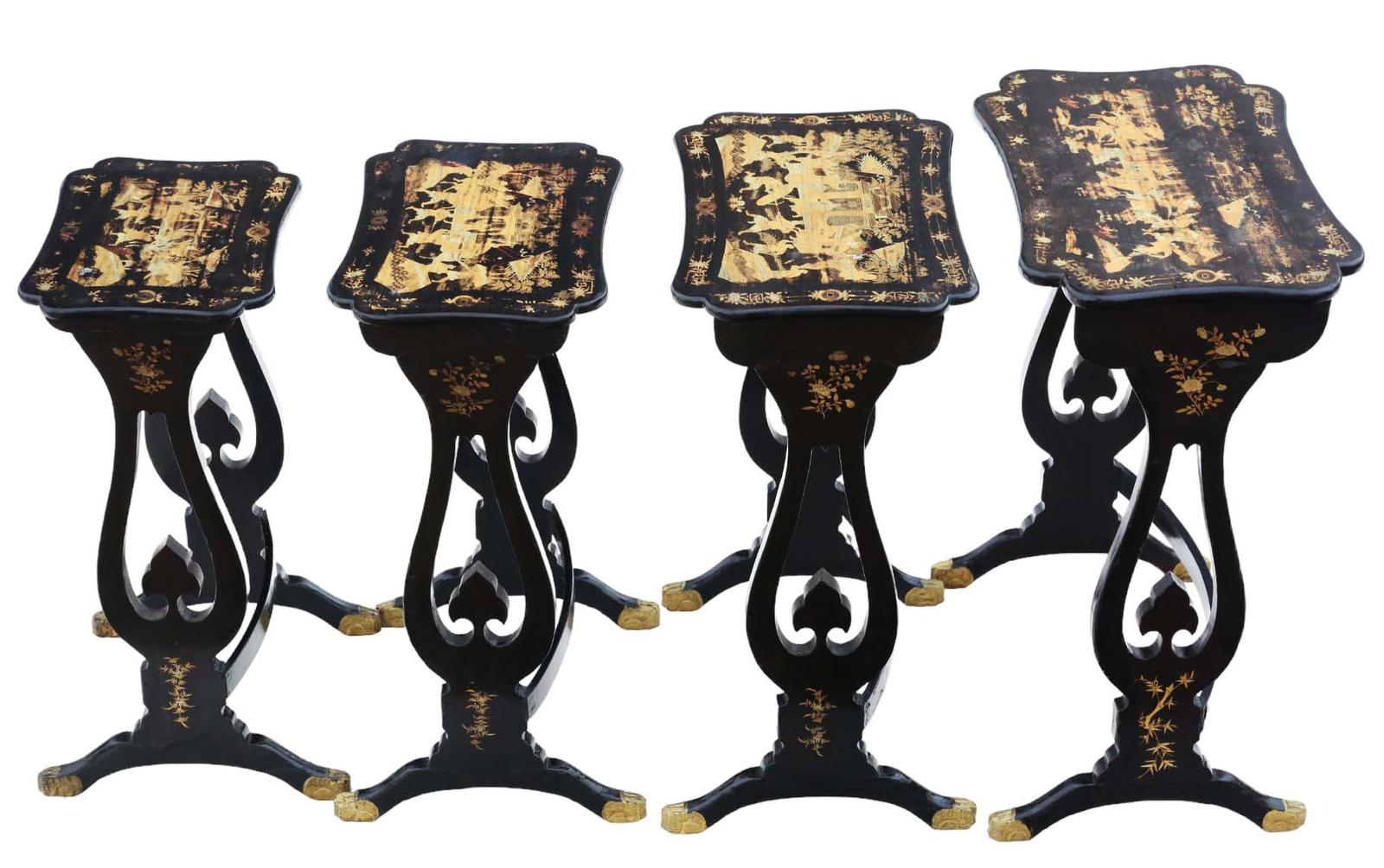 Antique Fine Quality Chinoiserie Boulle-work Black Lacquer Nest of 4 19th Century Tables (1 of 8) Antique Fine Quality Chinoiserie Boulle-work Black Lacquer Nest of 4 19th Century Tables (1 of 8)